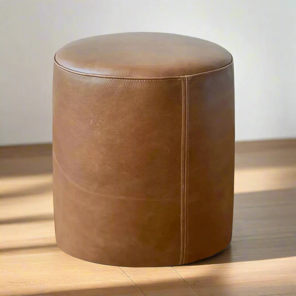 Classic Whiskey Brown Leather Ottoman - Handcrafted Full - Grain Leather Pouf - HUNTEDFOX