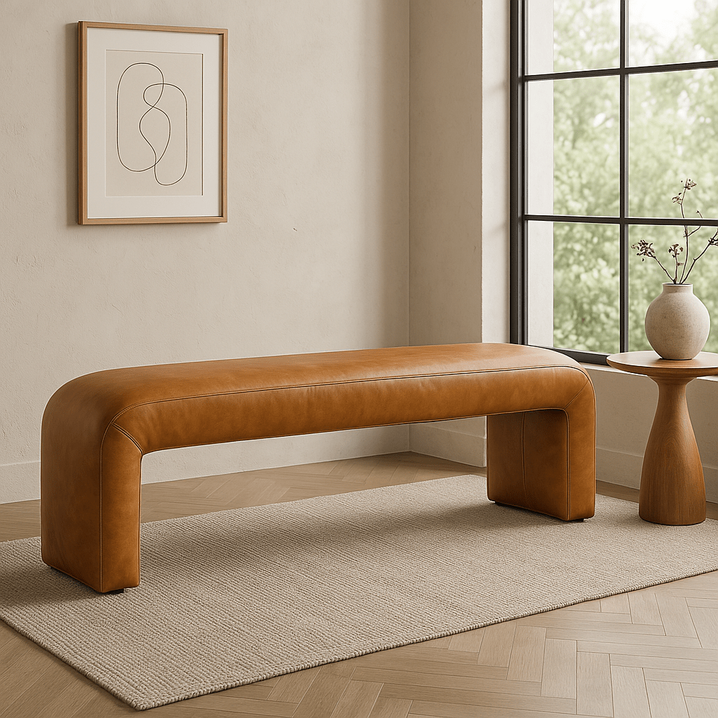 Curved Tan Leather Bench – Modern Entryway or Bed Seating - HUNTEDFOX - Curved tan leather bench in minimalist living room, handcrafted seating for foot of bed or entryway, modern organic design.
