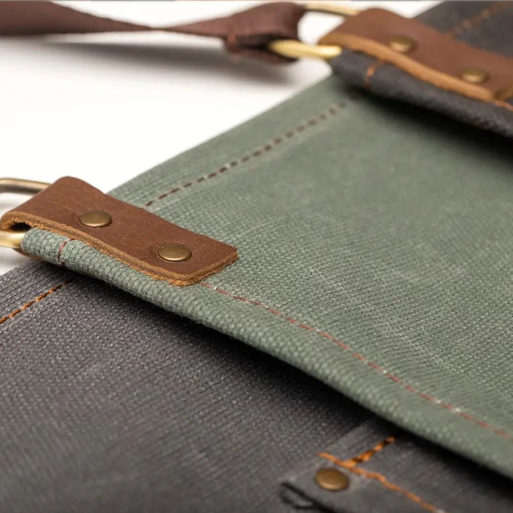 Custom Apron | Olive Green Waxed Canvas Apron with Brown Leather Pocket