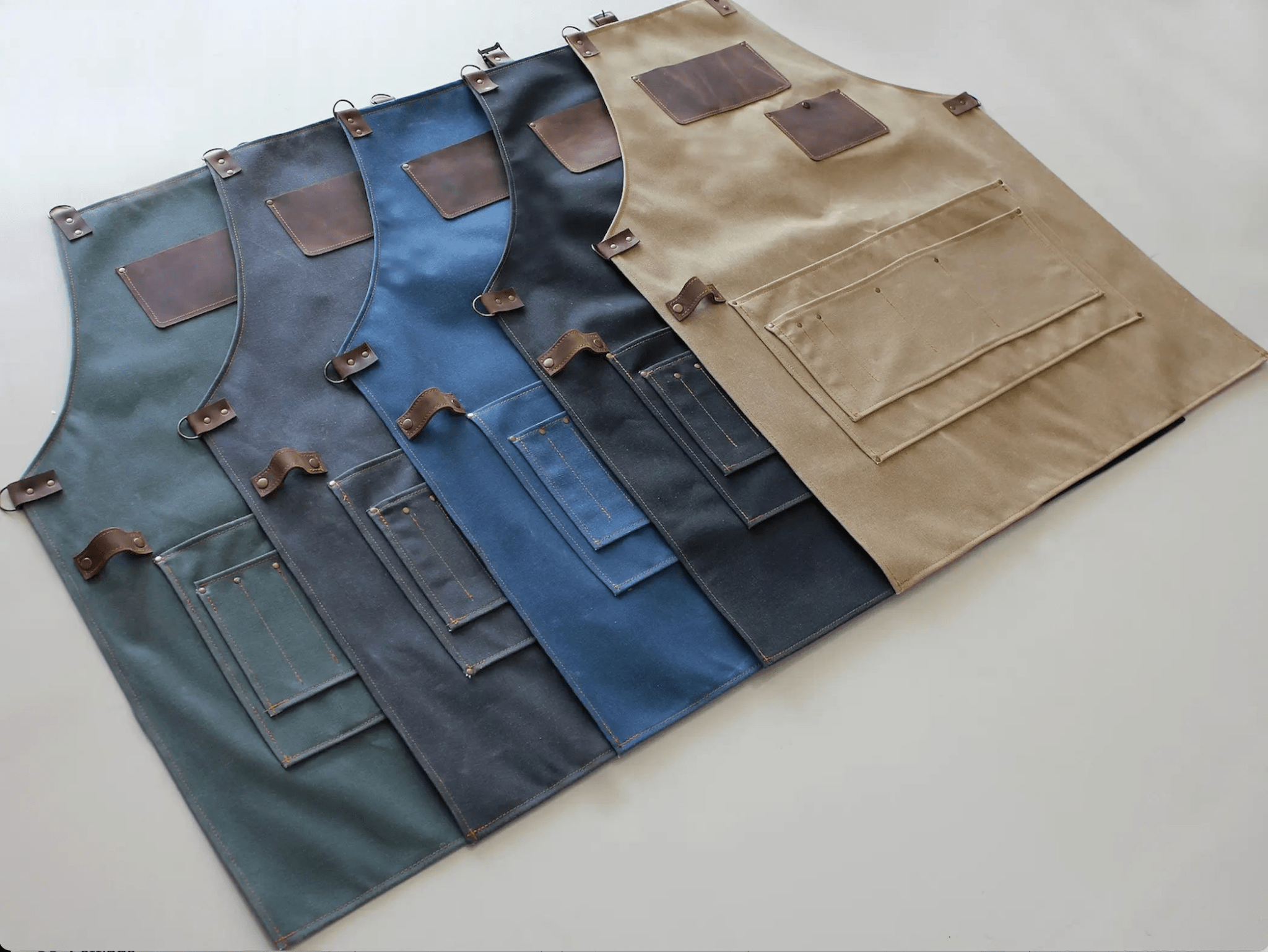 Custom Apron | Olive Green Waxed Canvas Apron with Brown Leather Pocket