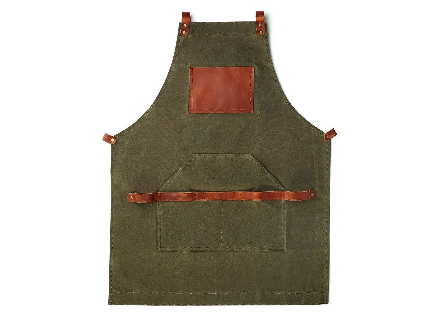 Custom Apron | Olive Green Waxed Canvas Apron with Brown Leather Pocket