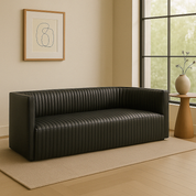 Ribbed Black Leather Sofa or Banquette