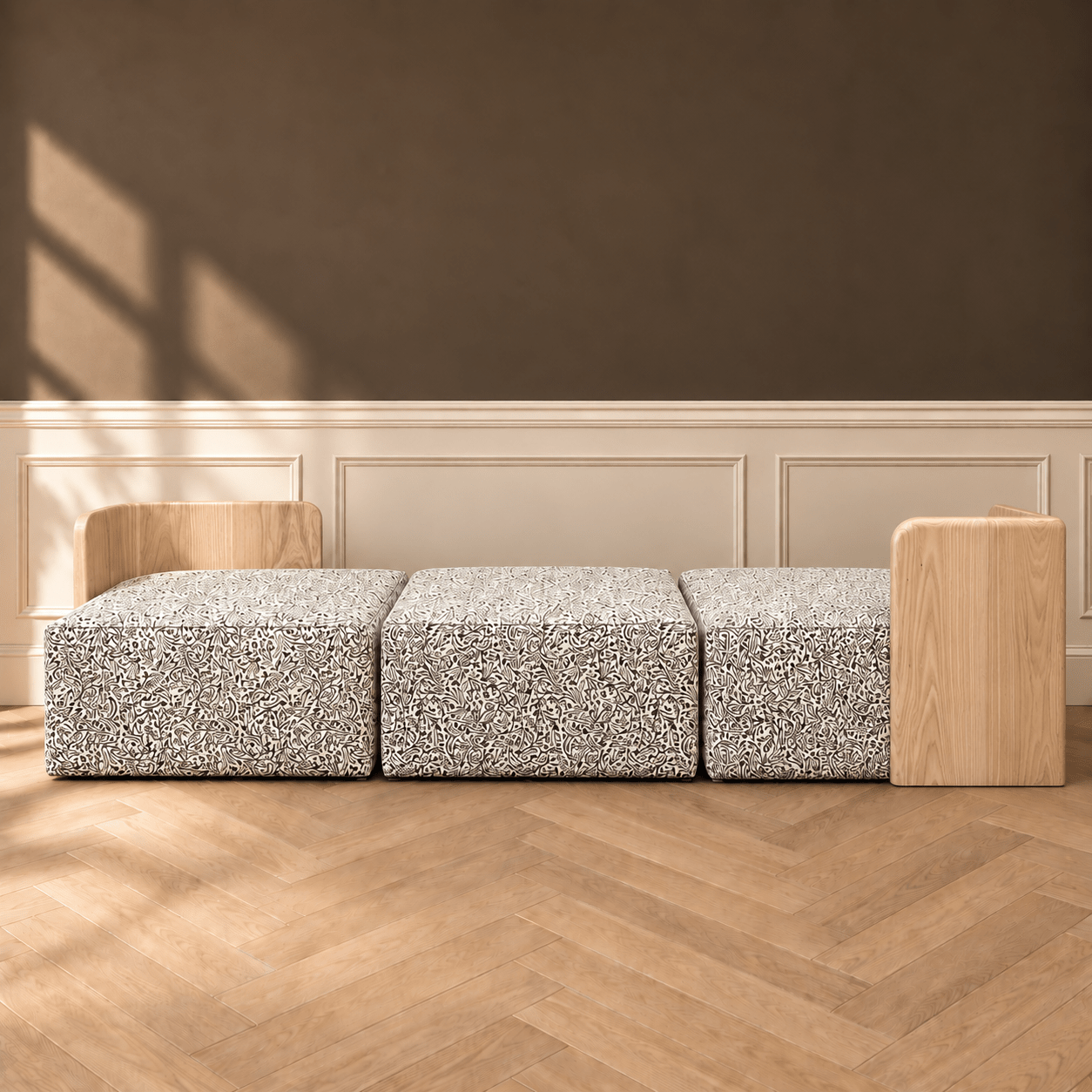 Custom Modular Sofa with Solid White Oak Corners | Upholstered Sectional Seating - H|F AtelierLEATHERottomanHUNTEDFOX-Custom Modular Sofa with Solid White Oak Corners | Upholstered Sectional Seating