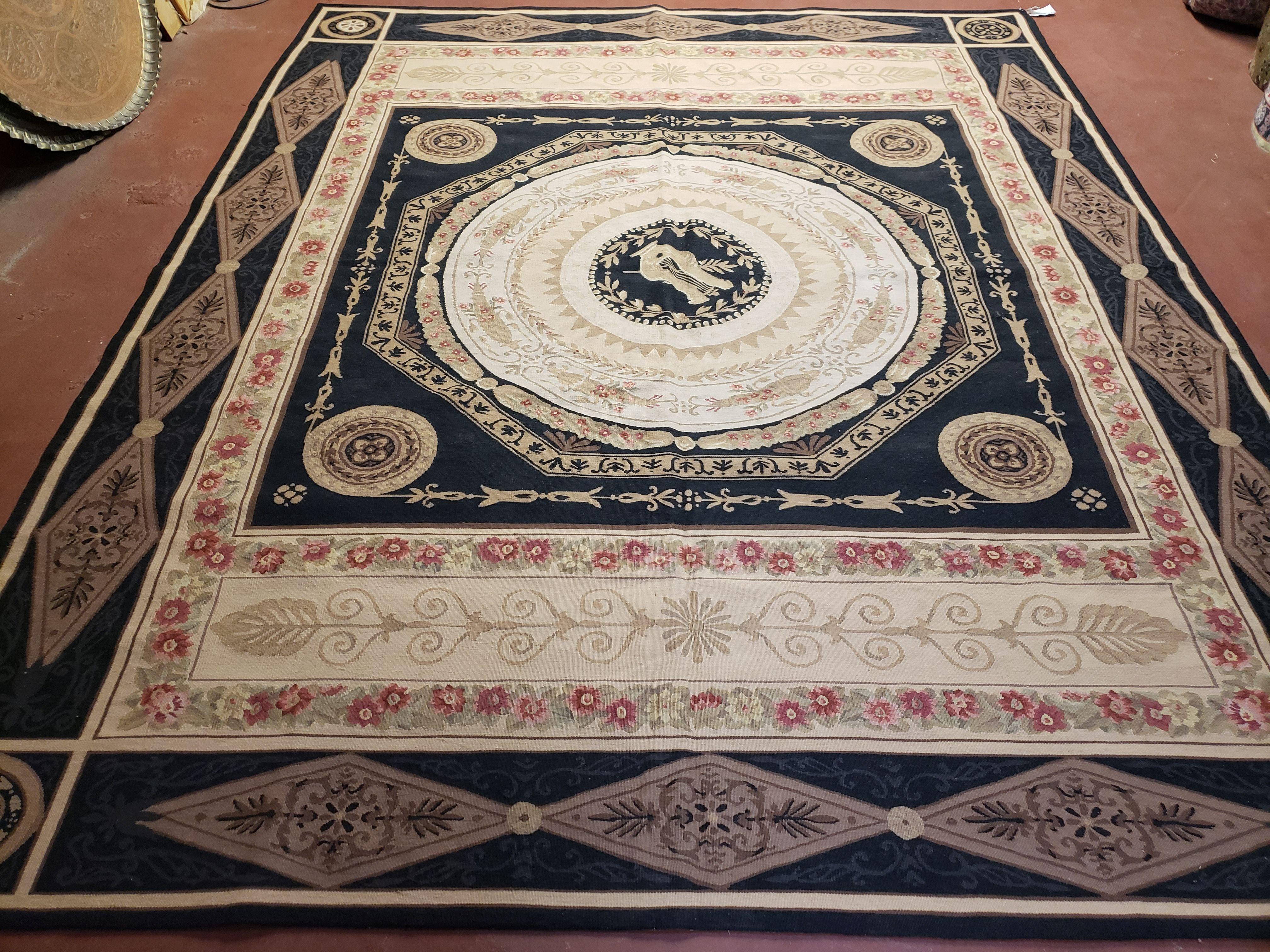 8x10 Woolen Needlepoint Rug Black European Savonnerie Carpet Circles Flat Weave Carpet Area Rug New Handmade Hand-Knotted Harp Flowers