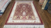 Silk Carpet 4x6 Dark Red & Cream, Tree of Life Rug, Animal Motifs, Birds Deer Rabbits, All Bamboo Silk, 4 x 6 Silk Area Rug