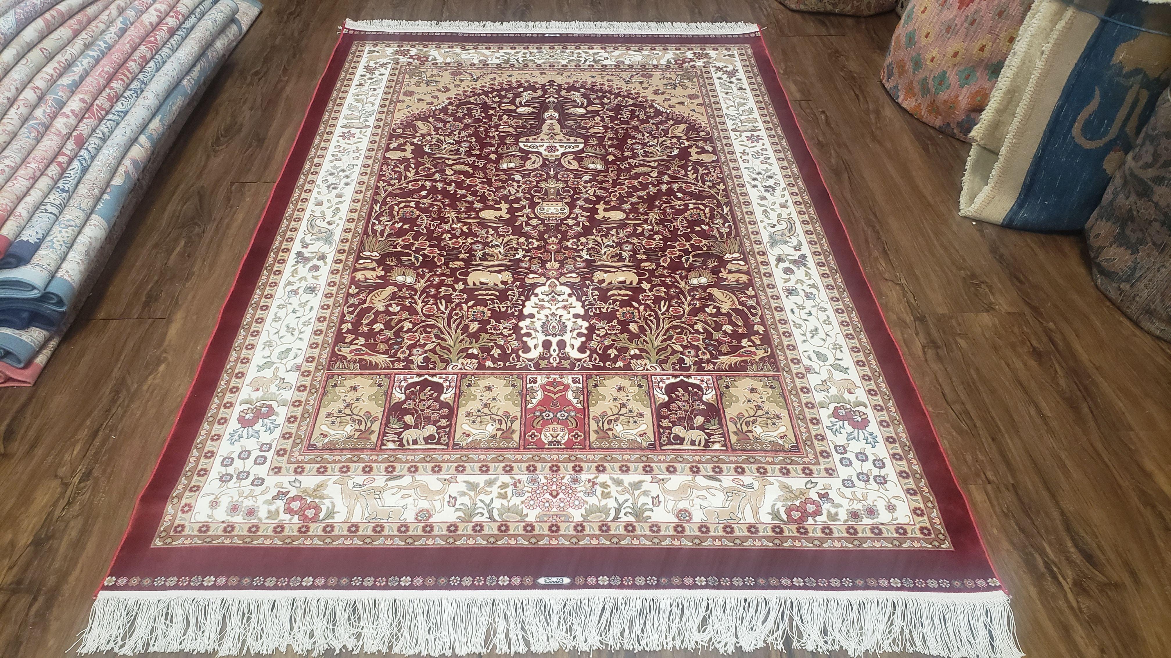 Silk Carpet 4x6 Dark Red & Cream, Tree of Life Rug, Animal Motifs, Birds Deer Rabbits, All Bamboo Silk, 4 x 6 Silk Area Rug