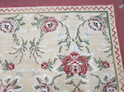 Needlepoint Rug 10x14 Wool Flatweave Carpet, English Floral Pattern, Pale Yellow, Roses, Allover Pattern, Handmade Large Needlepoint Nice