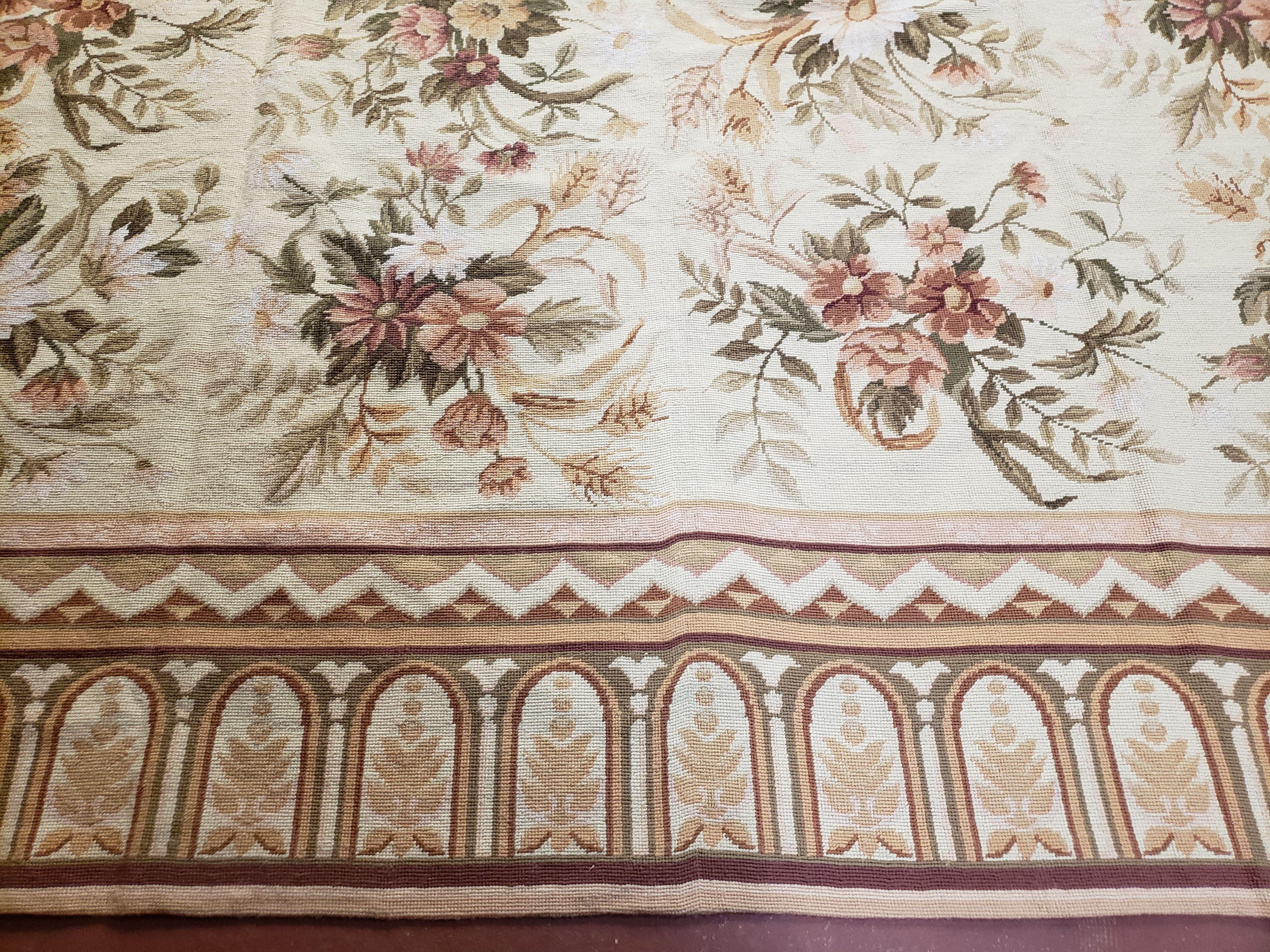 Needlepoint Rug 8x10 Aubusson Rug Victorian Floral Rug Handmade French Style French Decor Garden Panel Beige 8 x 10 Area Rug 100% Wool