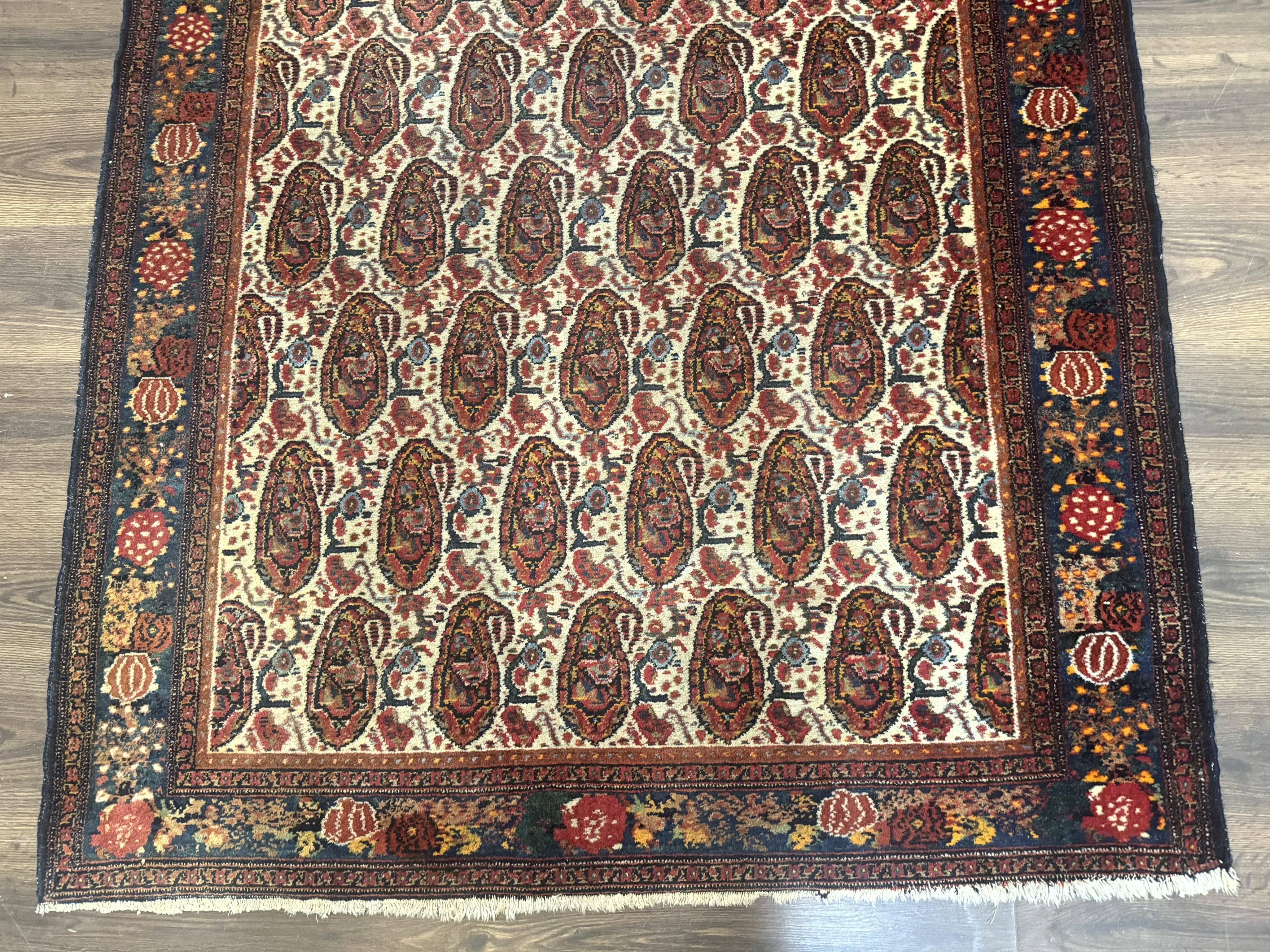 Antique Persian Kurdish Senneh Rug 4.6 x 6.5, Repeated Paisely Boteh Design, Handmade