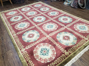 Nepalese Aubusson Panel Rug 6x9, Red & Ivory Soft Plush Tibetan Pile Rug, Wool Hand-Knotted Carpet, 6 x 9 Elegant Area Rug, Office Room Rug