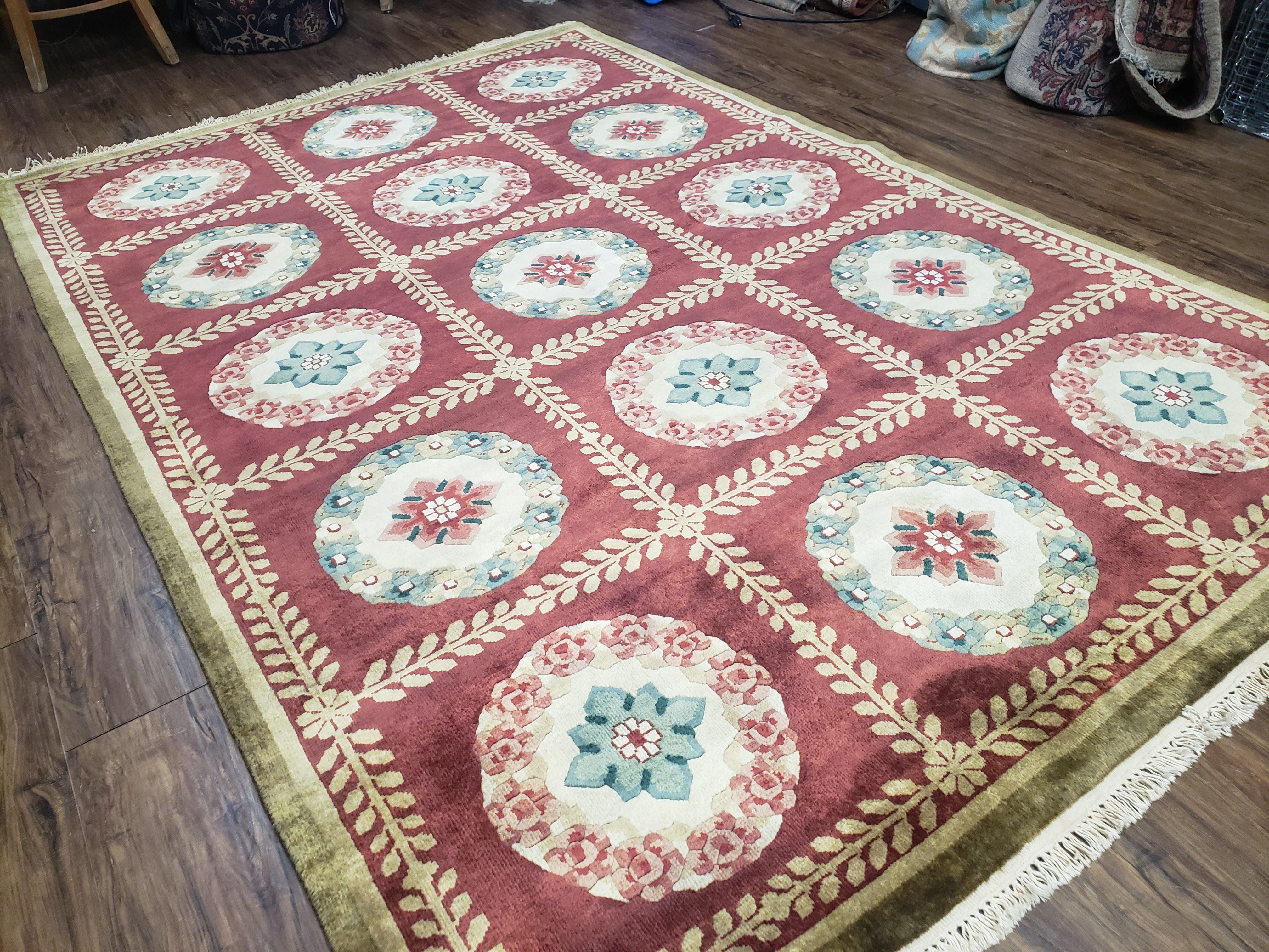 Nepalese Aubusson Panel Rug 6x9, Red & Ivory Soft Plush Tibetan Pile Rug, Wool Hand-Knotted Carpet, 6 x 9 Elegant Area Rug, Office Room Rug