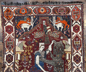 Antique Persian Shiraz Pictorial Rug 3.6 x 5, Persian Tribal Rug, Handmade, Lions, Highly Unique Collectible Small Persian Carpet, Maroon, Wool