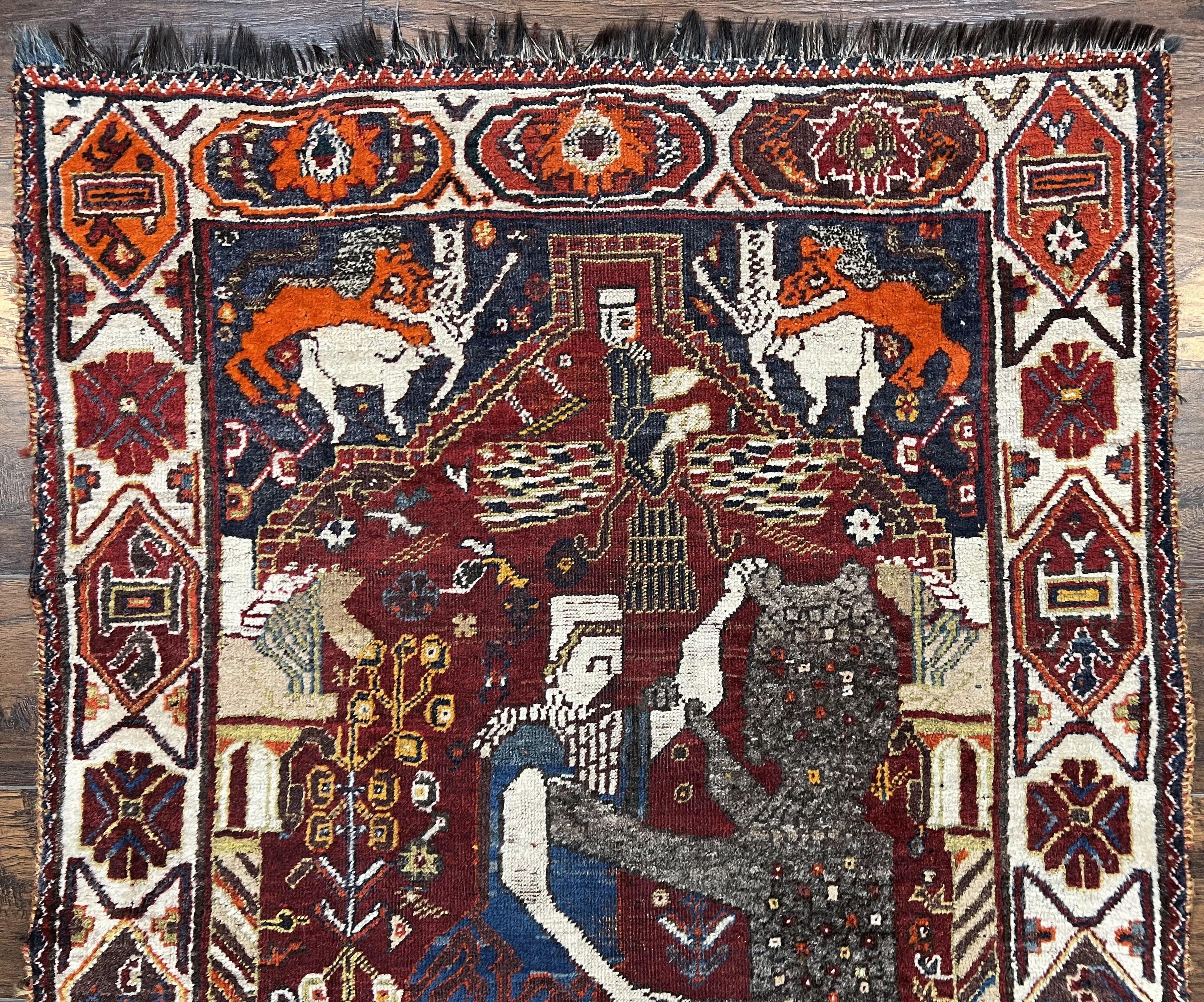 Antique Persian Shiraz Pictorial Rug 3.6 x 5, Persian Tribal Rug, Handmade, Lions, Highly Unique Collectible Small Persian Carpet, Maroon, Wool