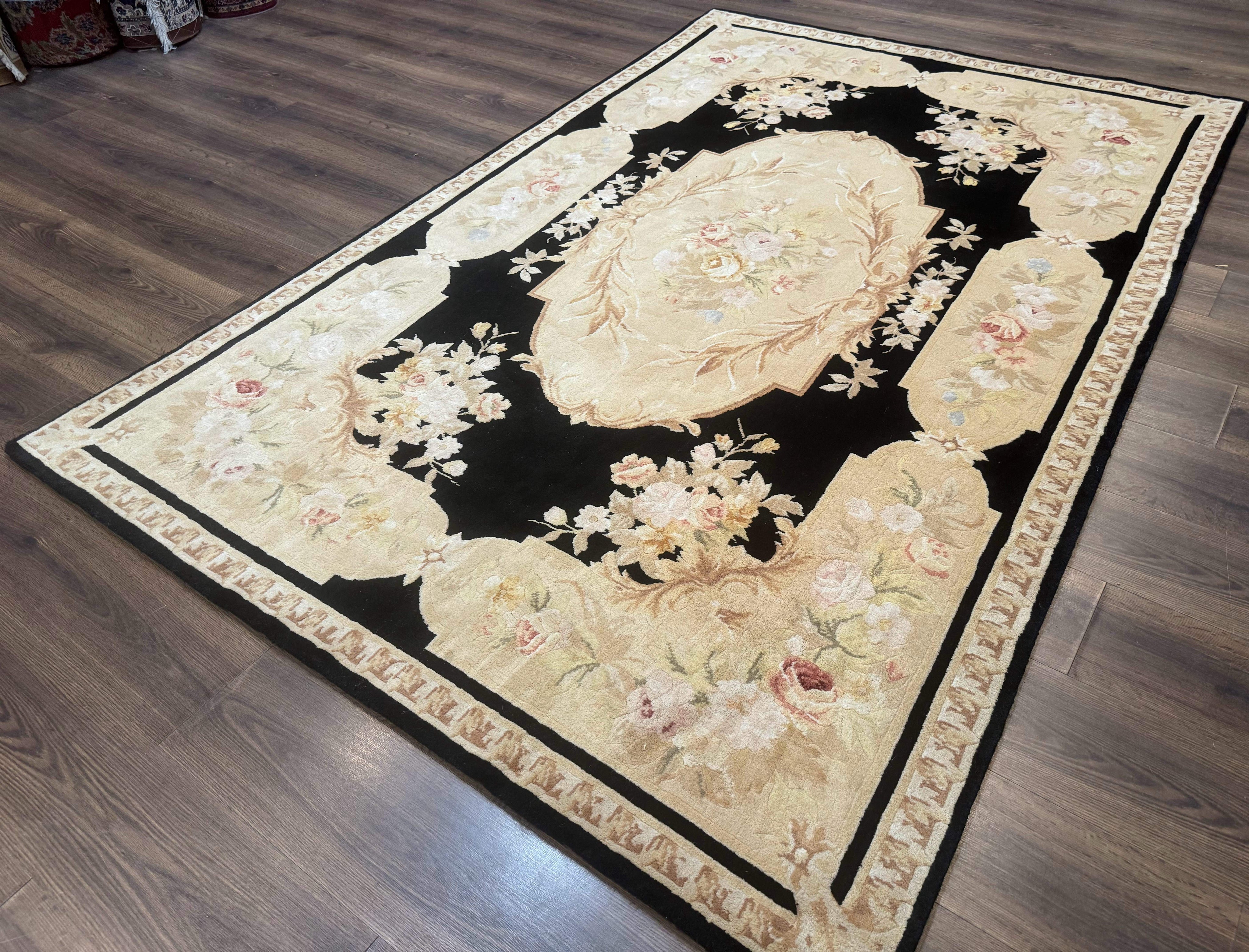 Chinese Aubusson Rug 6x9, Wool Pile, Black, Floral, Elegant