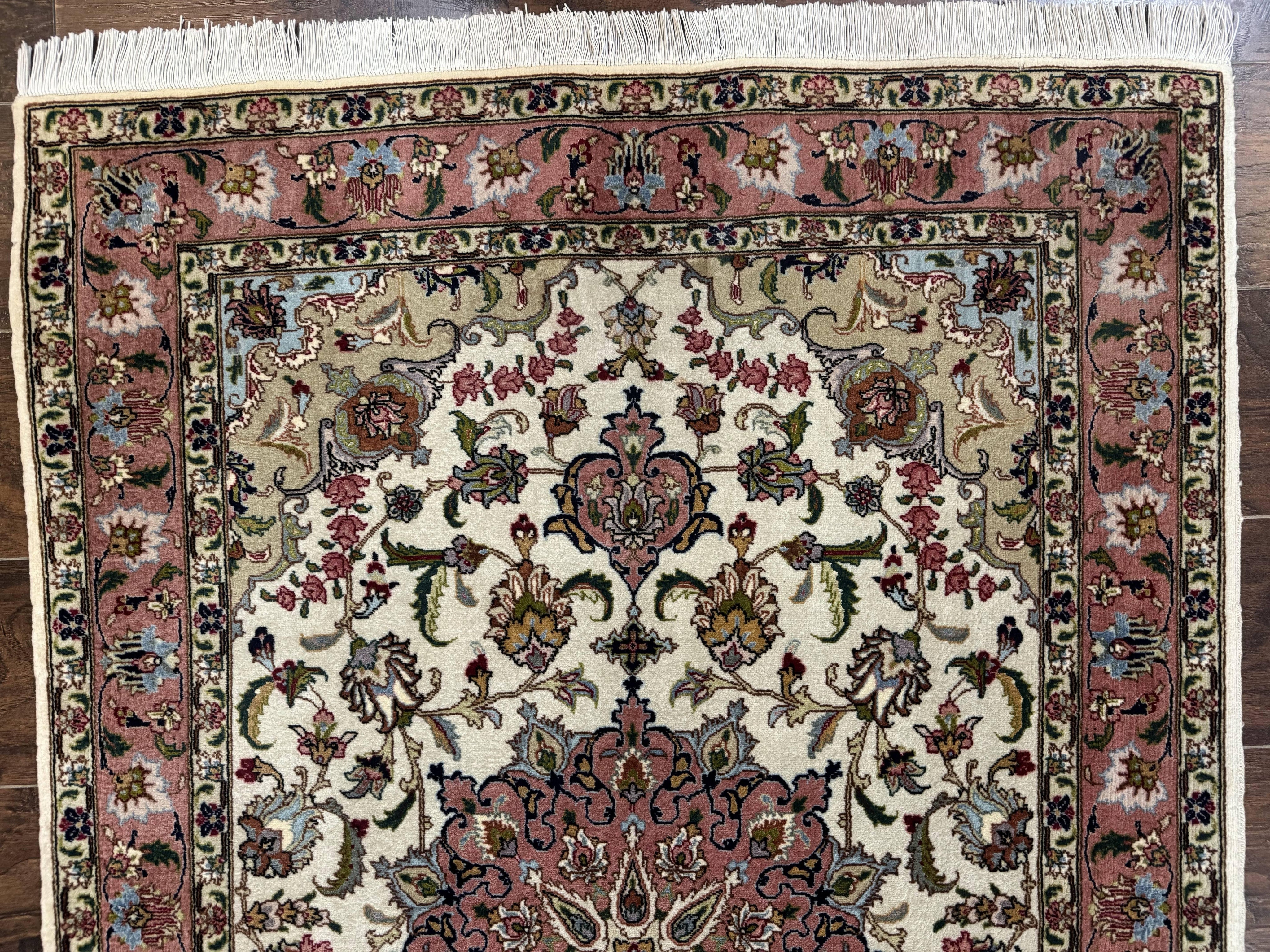 Fine Persian Tabriz Rug 3x5, Floral Medallion, 340 KPSI, Ivory Salmon
