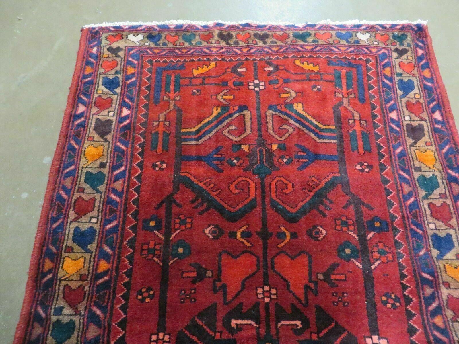 Antique Persian Hamadan Runner 3.4 x 9.7 -  Wool, Red and Navy Blue