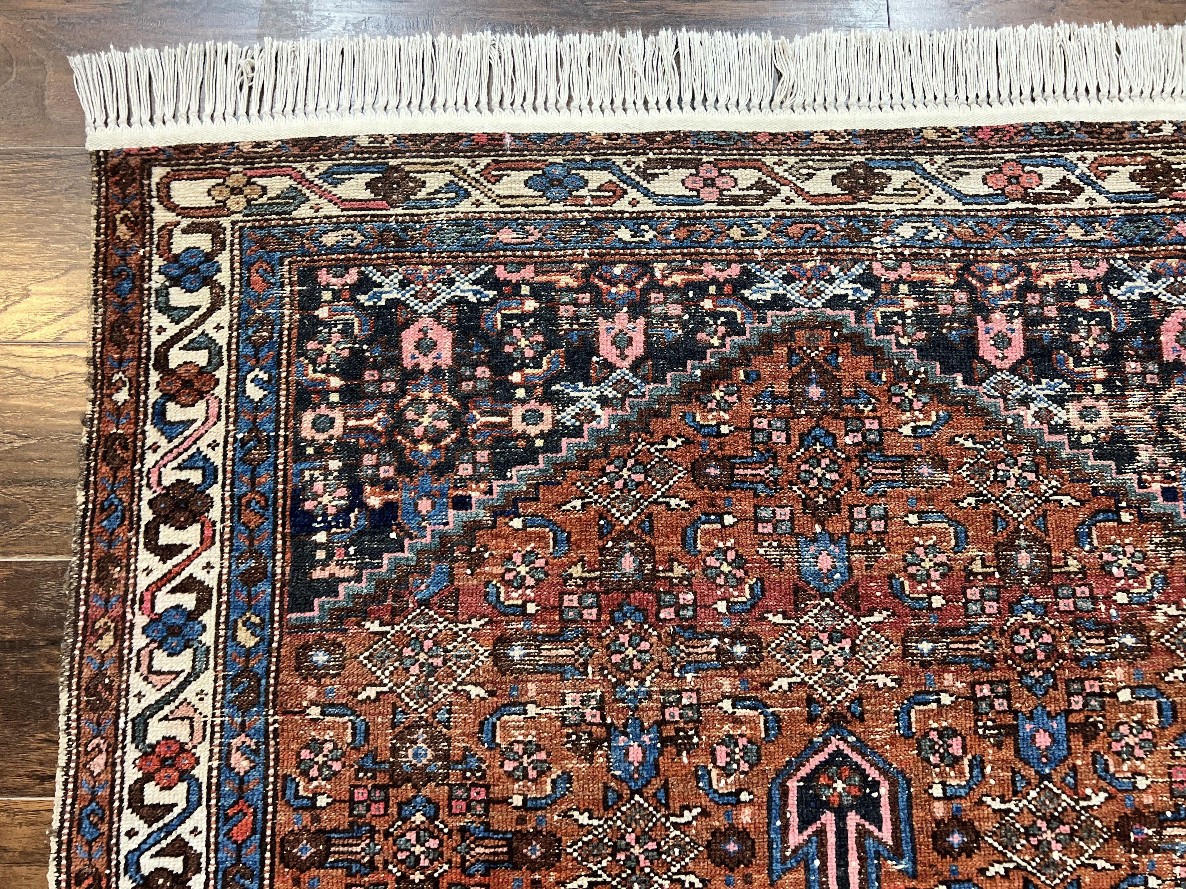 Red Persian Hamadan Rug 4x6, Wool Handmade Antique Carpet, Geometric Medallion Rug, Oriental Rug 4 x 6, Persian Tribal Rug, Hand Knotted Rug