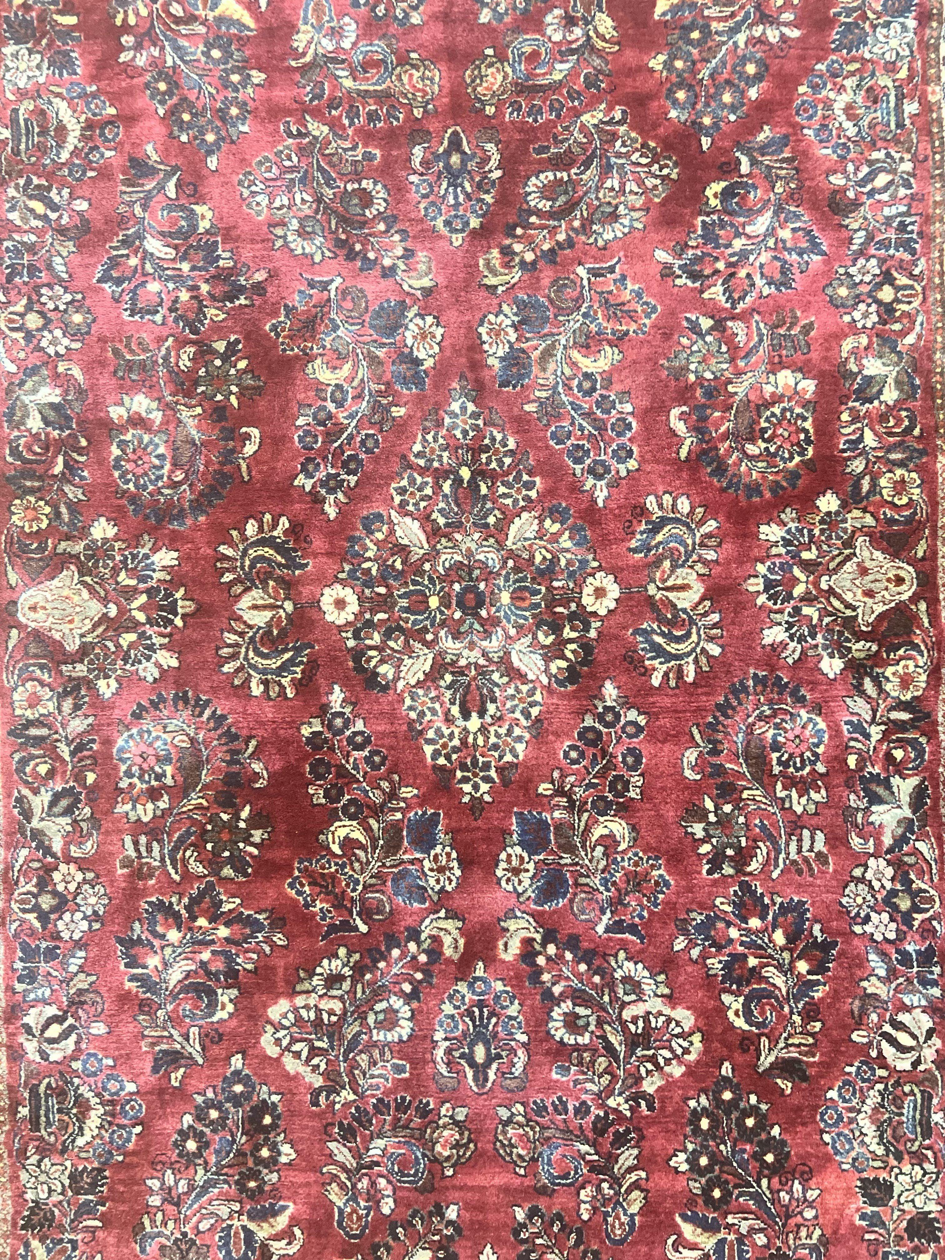 Antique Persian Sarouk Rug 4x7, Hand Knotted Wool Red Persian Carpet, Floral