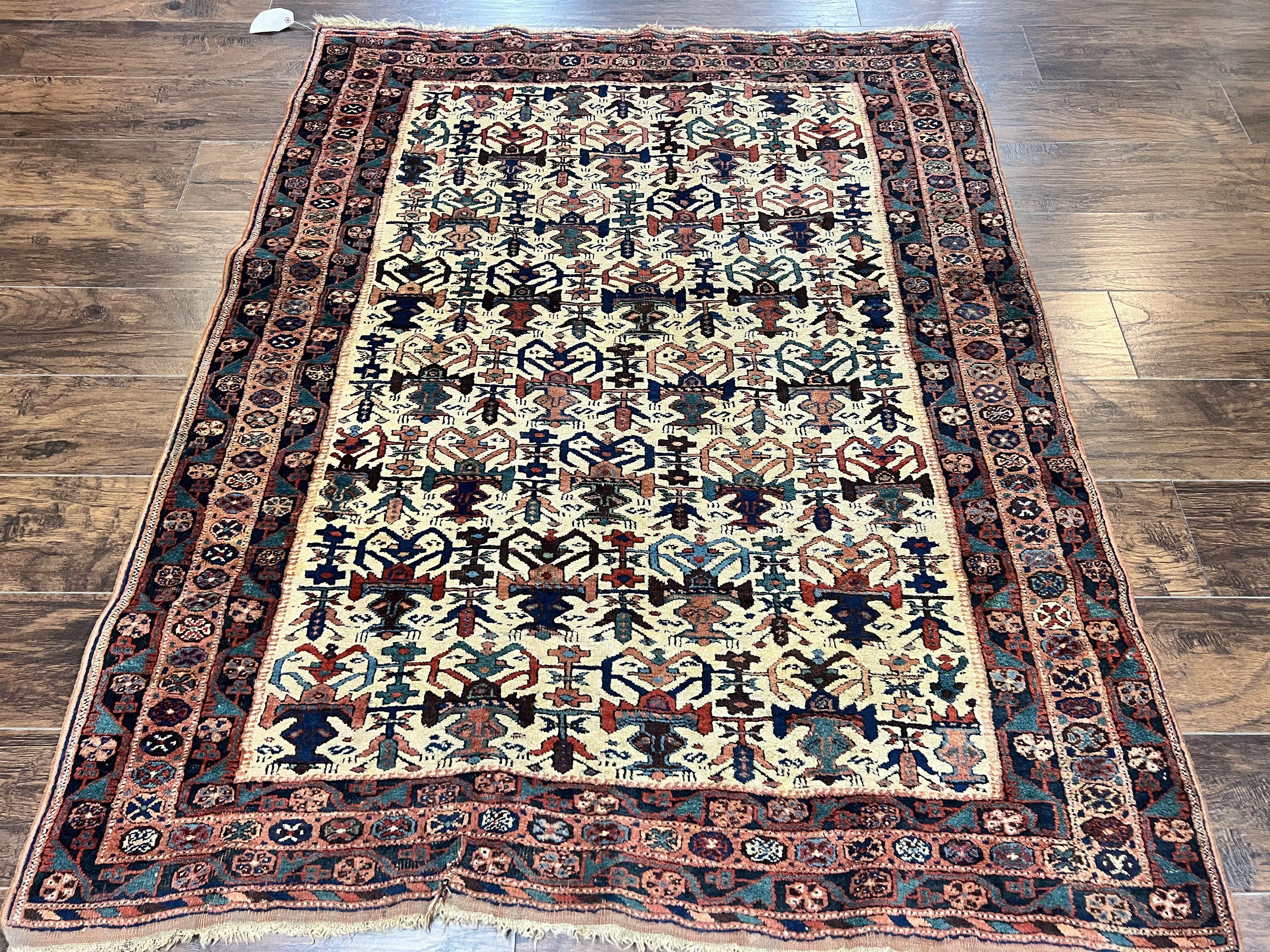 Persian Afshar Rug 5x6, Allover Repeated Motif, Wool Tribal Carpet, Handmade Semi Antique Rug
