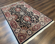 Pak Persian Rug 4x6, Black and Burgundy, Floral Allover, Wool and Silk