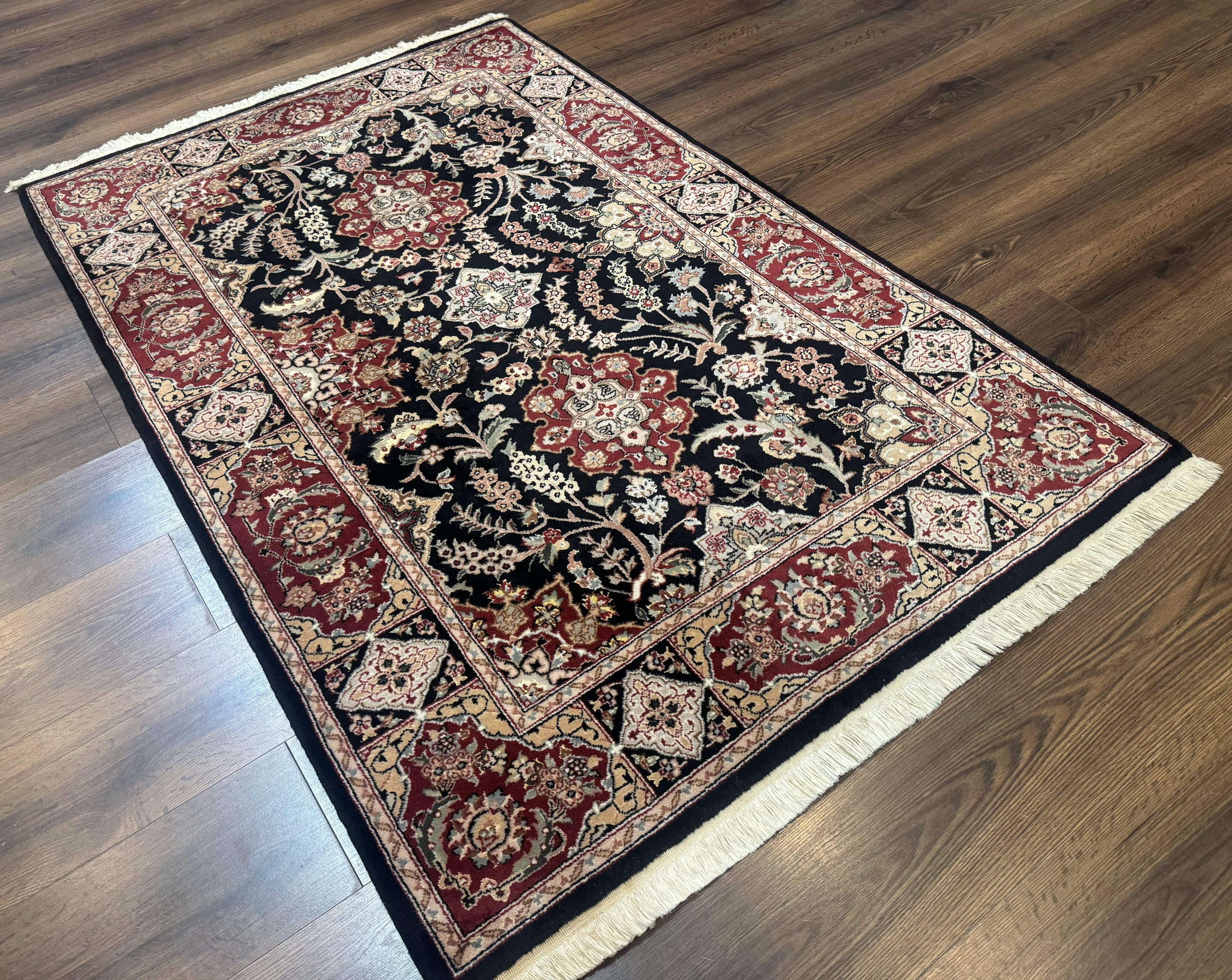 Pak Persian Rug 4x6, Black and Burgundy, Floral Allover, Wool and Silk