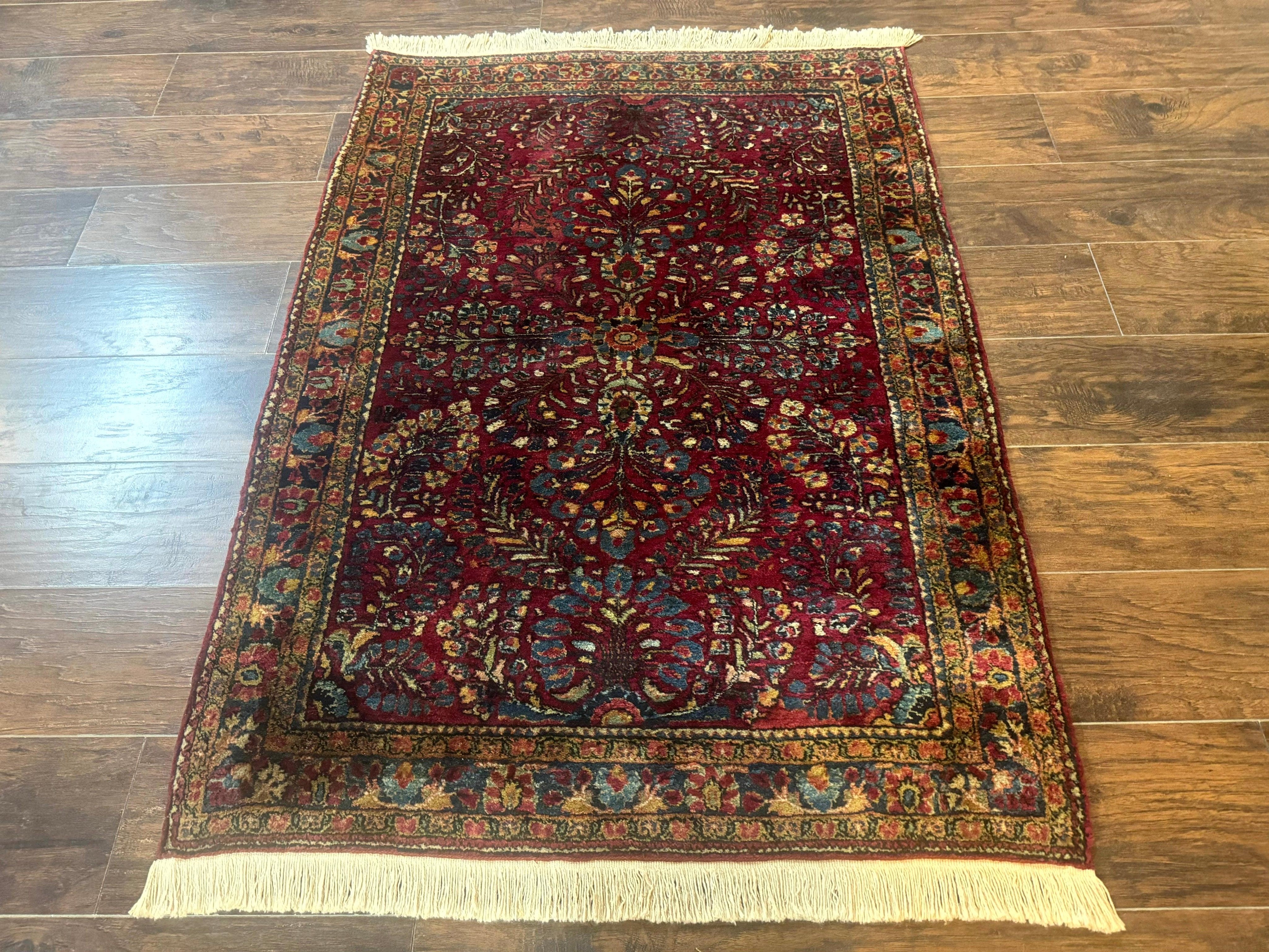 Antique Persian Sarouk Rug 3.6 x 5, Red, 1920s Persian Carpet