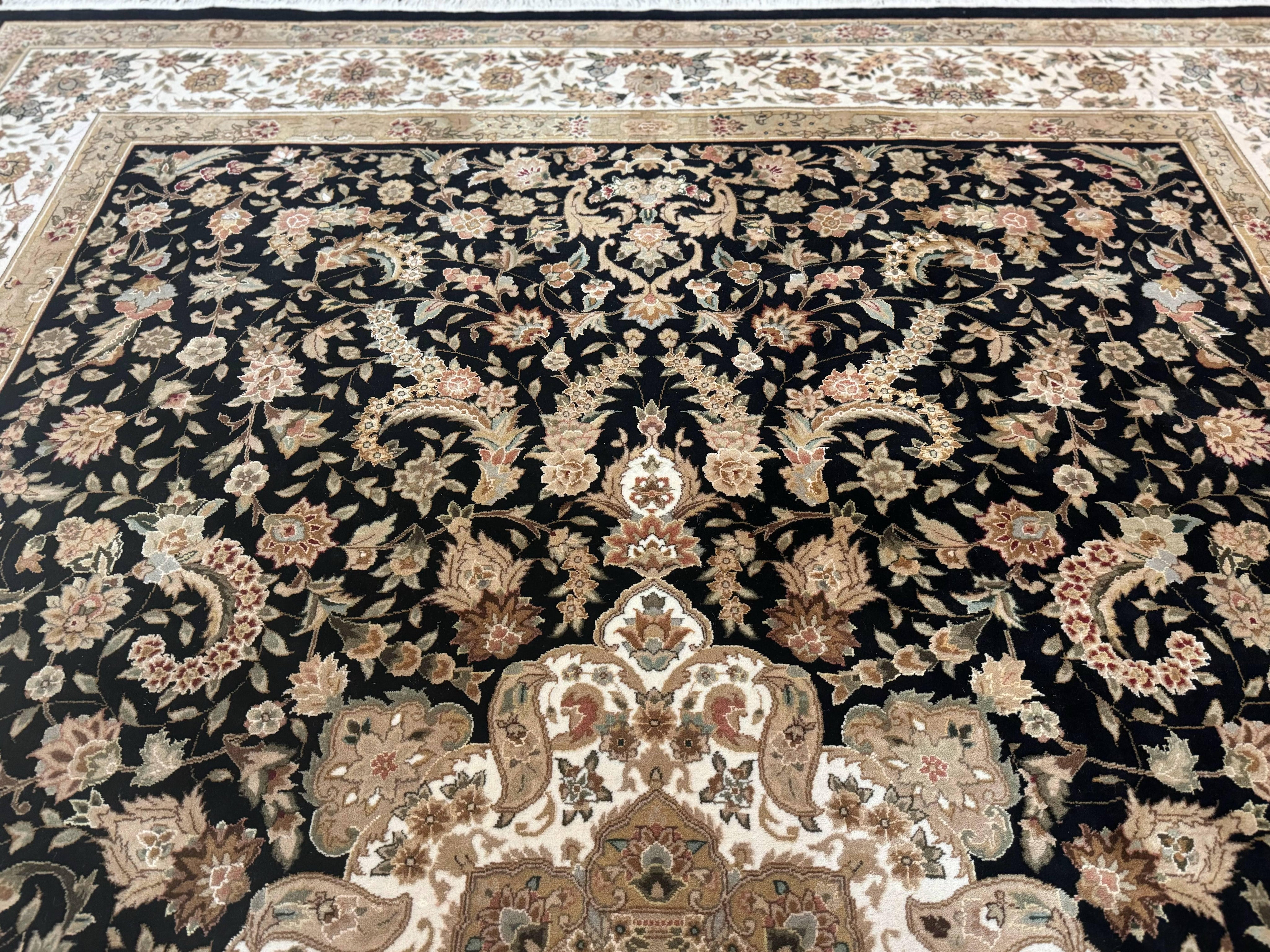 Sino Persian Rug 9x12, Floral Medallion, Black and Ivory, Elegant