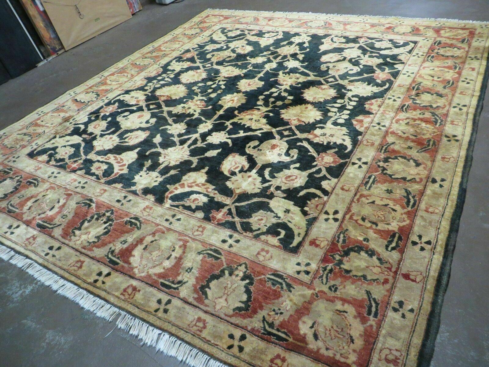 8' X 9' Handmade Pakistan Wool Cotton Rug Peshawar Black Floral Nice # 200C