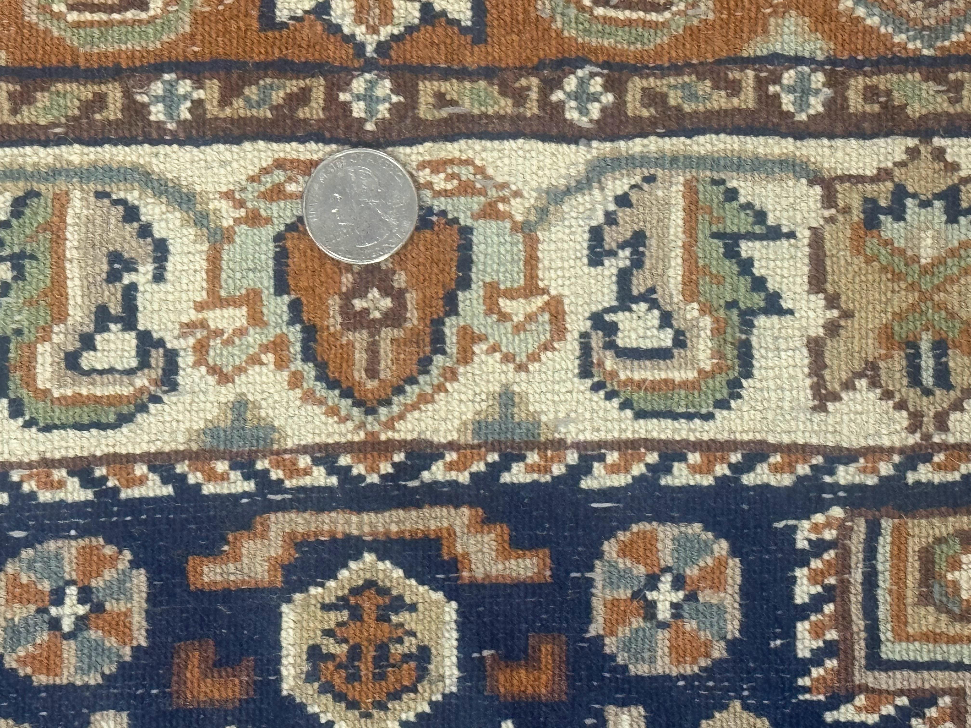 Indo Persian Runner Rug 2.6 x 12.7, Indian Kashmiri Runner for Hallway or Kitchen, Navy Blue, Geometric Medallions, Handmade Wool