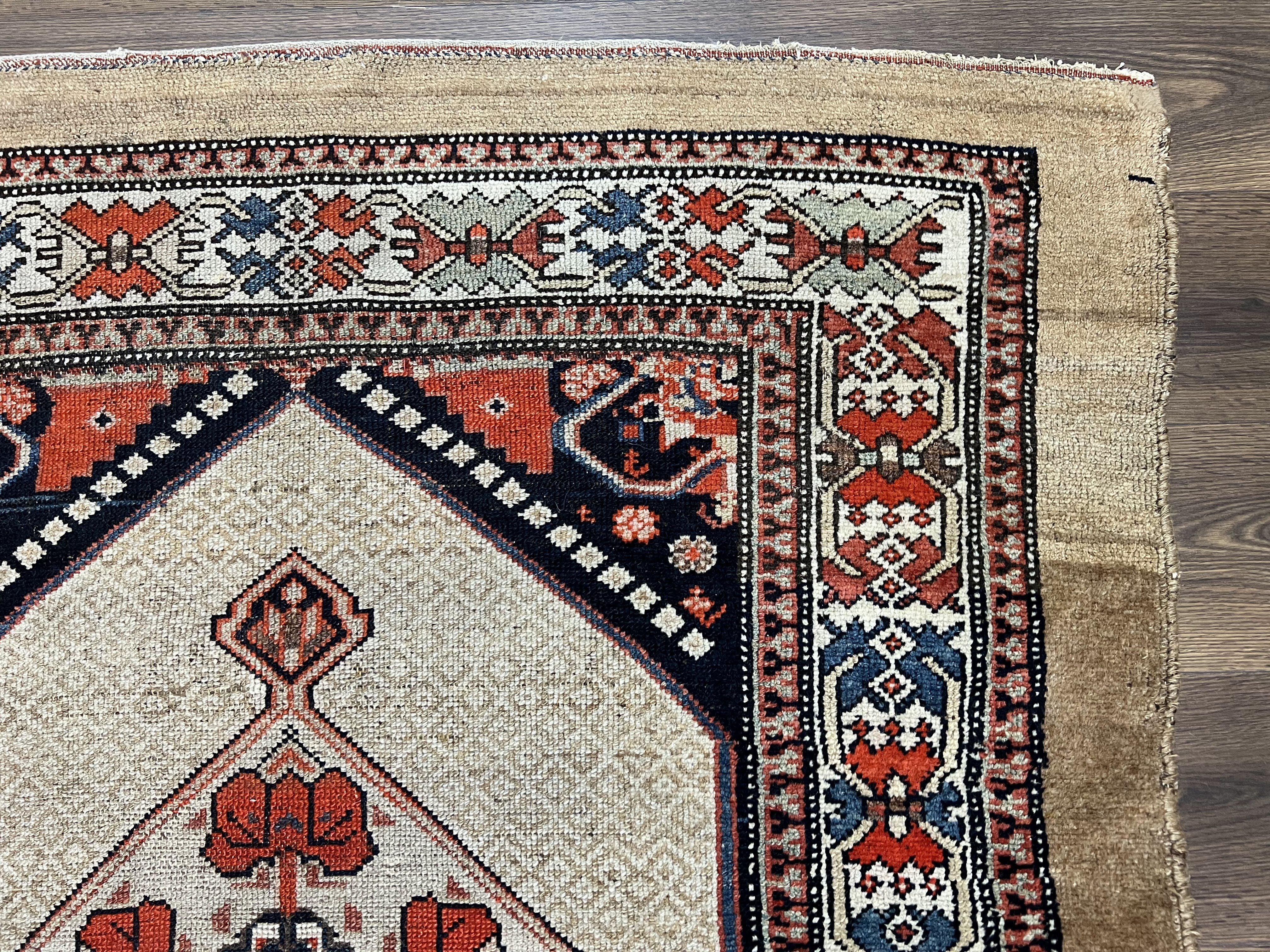 Rare Persian Sarab Tribal Runner Rug 4 x 10, Antique, Geometric Medallions, Camel Hair Runner