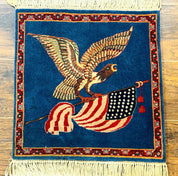 Pictorial Rug of American Flag with Bald Eagle, Small Indo Persian Pictorial Rug, Blue, Handmade, Very Fine 330 KPSI