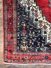 Persian Rug 5x12 ft, Red Cream Navy Blue, Pictorials, Hand Knotted Handmade Wide Runner Tribal Bidjar Semi Antique Wool Geometric Oriental Rug