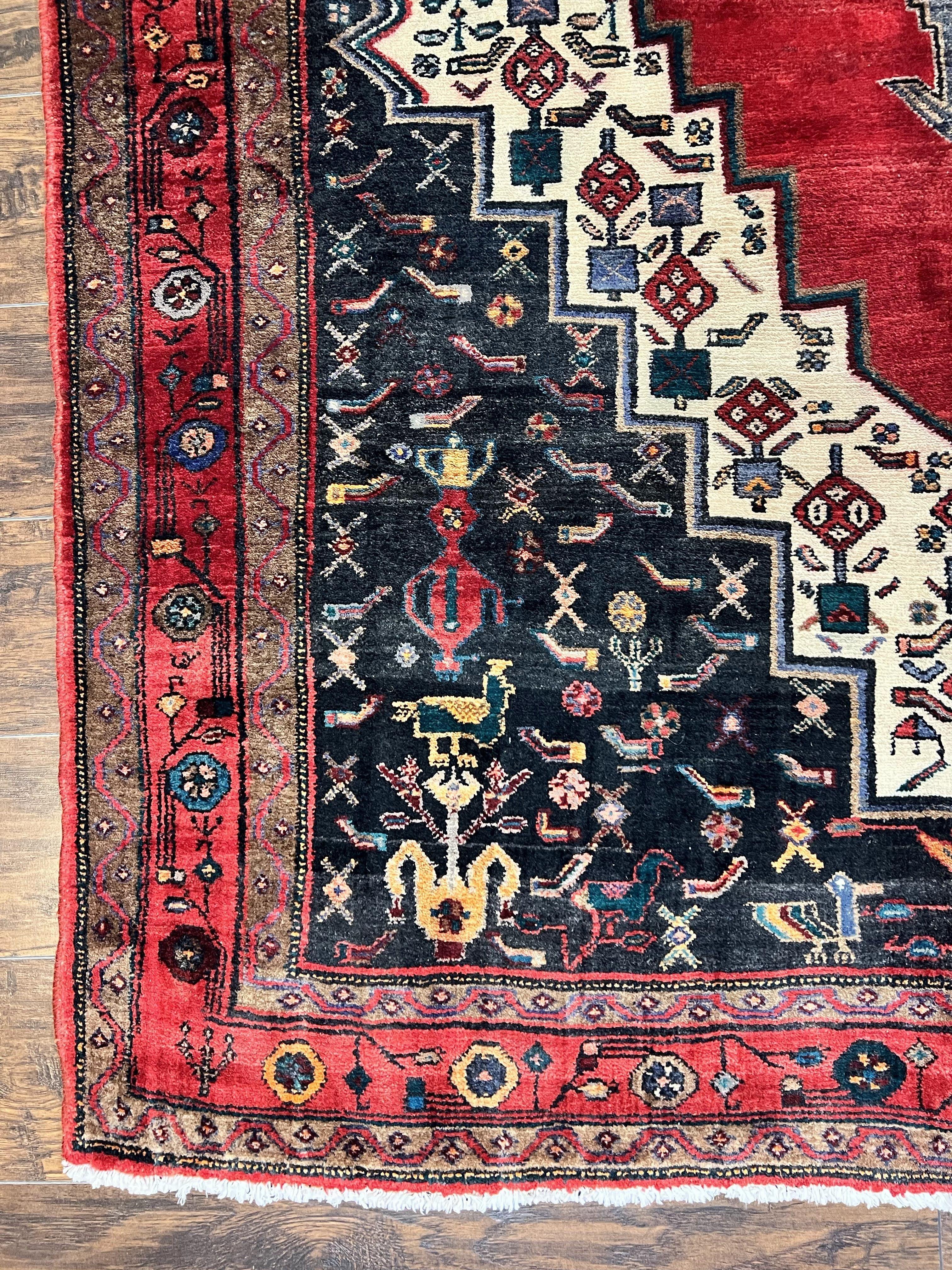 Persian Rug 5x12 ft, Red Cream Navy Blue, Pictorials, Hand Knotted Handmade Wide Runner Tribal Bidjar Semi Antique Wool Geometric Oriental Rug