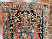 Antique Persian Bidjar Rug 4x5, Red and Blue, Hand Knotted Wool Carpet