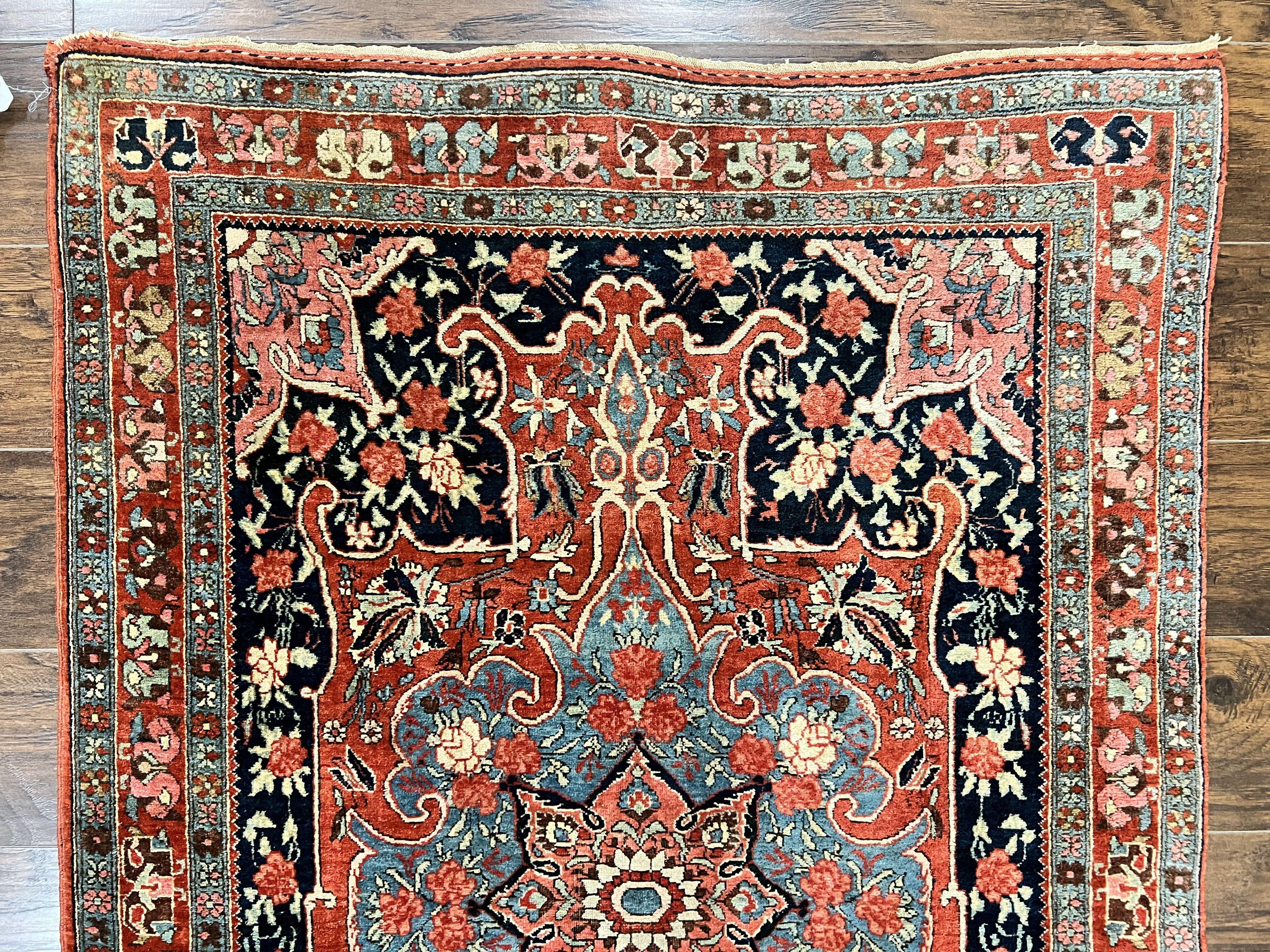 Antique Persian Bidjar Rug 4x5, Red and Blue, Hand Knotted Wool Carpet