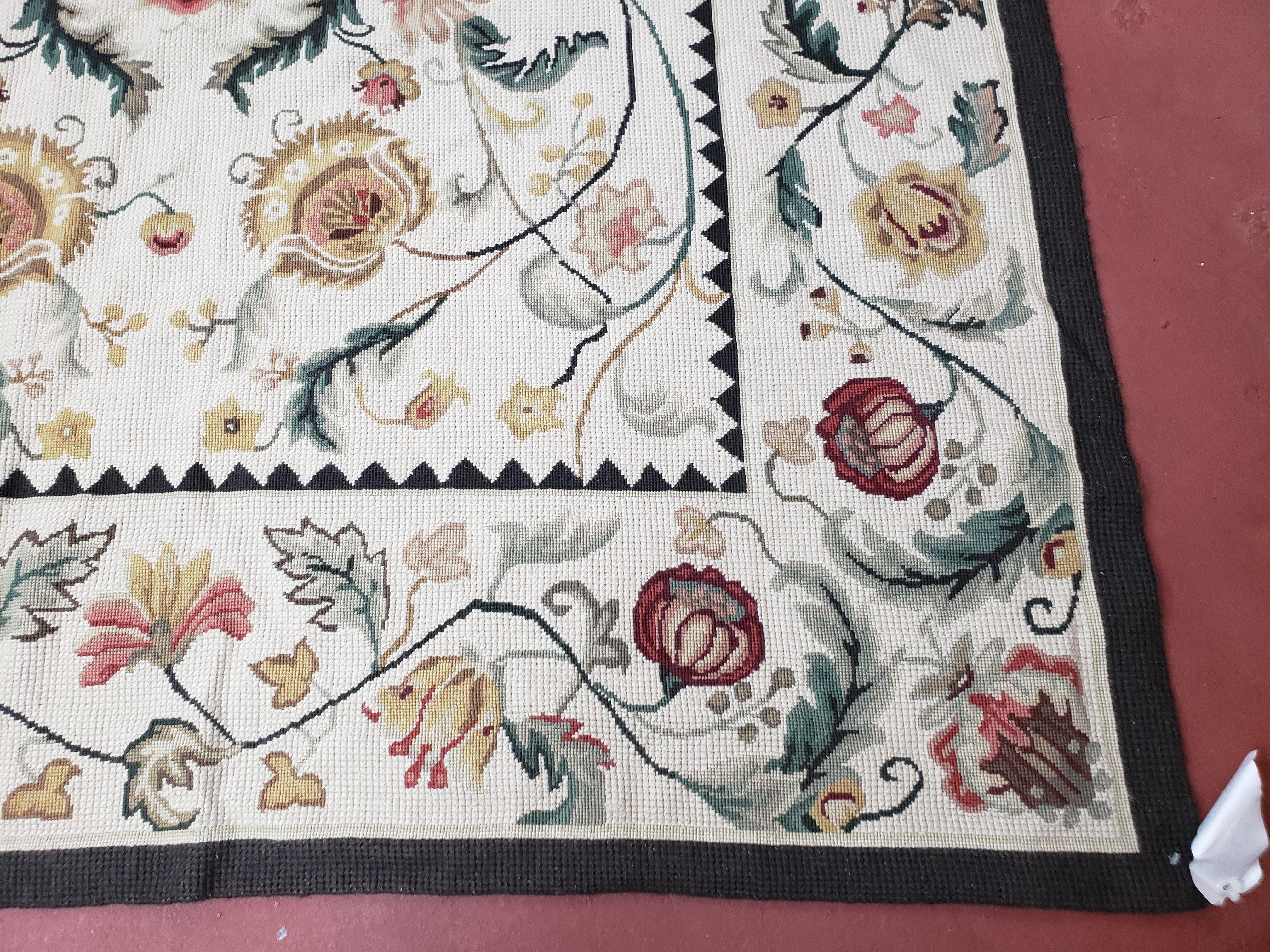 New Needlepoint Rug 9x12, Hand Woven Wool Area Rug, Flatweave Carpet, Handmade Chinese Needlepoint, Floral European Design, Ivory Background