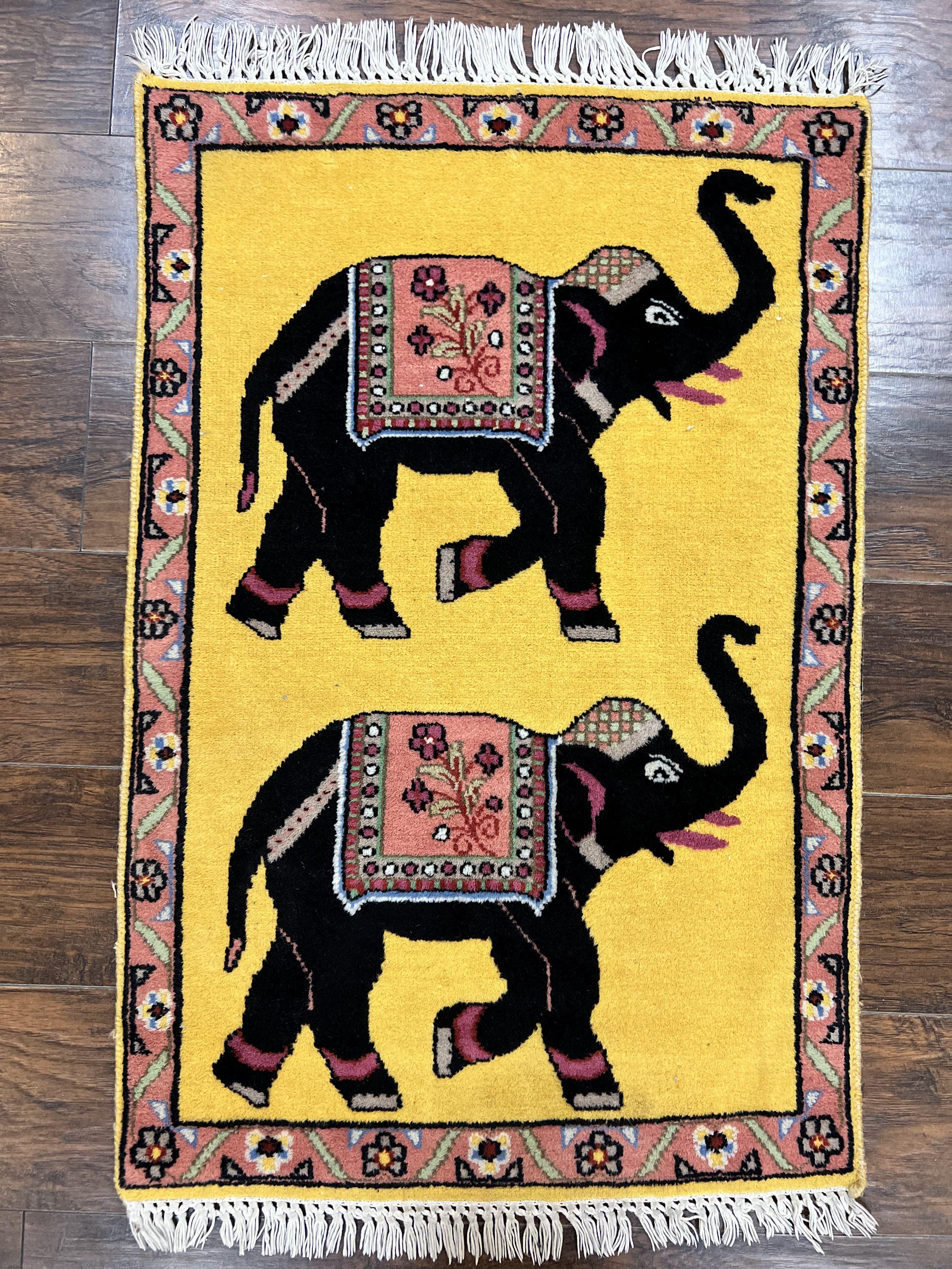Unique Indian Pictorial Rug 2x3, Small Wool Hand Knotted Oriental Carpet, Yellow, Two Elephants, Handmade