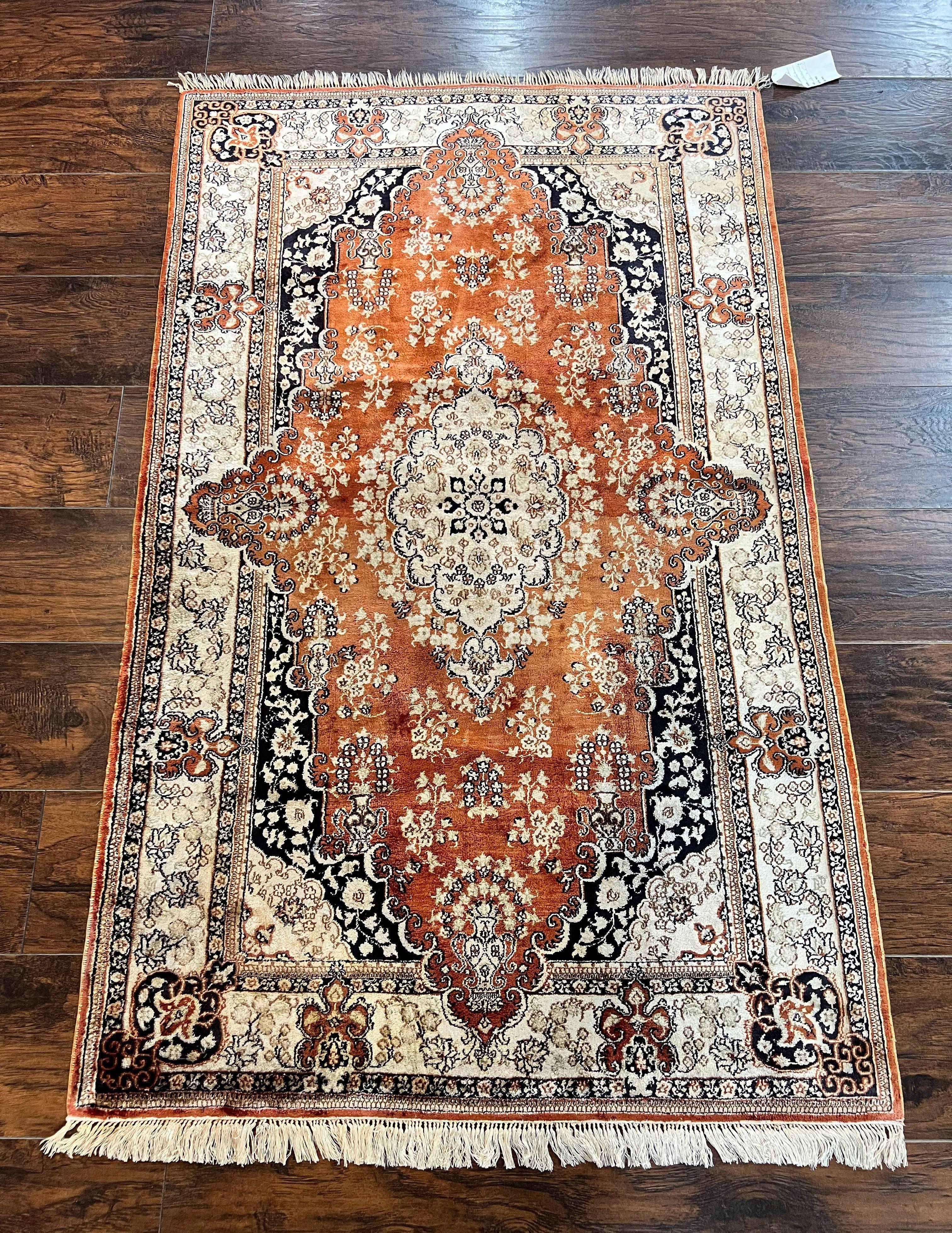Turkish Silk Rug 3x5, Very Fine 400 KPSI, Floral Medallion, Handmade Hand Knotted Silk on Silk Oriental Carpet