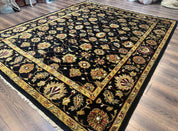 Indo Persian Mahal Rug 8x10, Black and Gold, Wool Hand Knotted Oriental Carpet