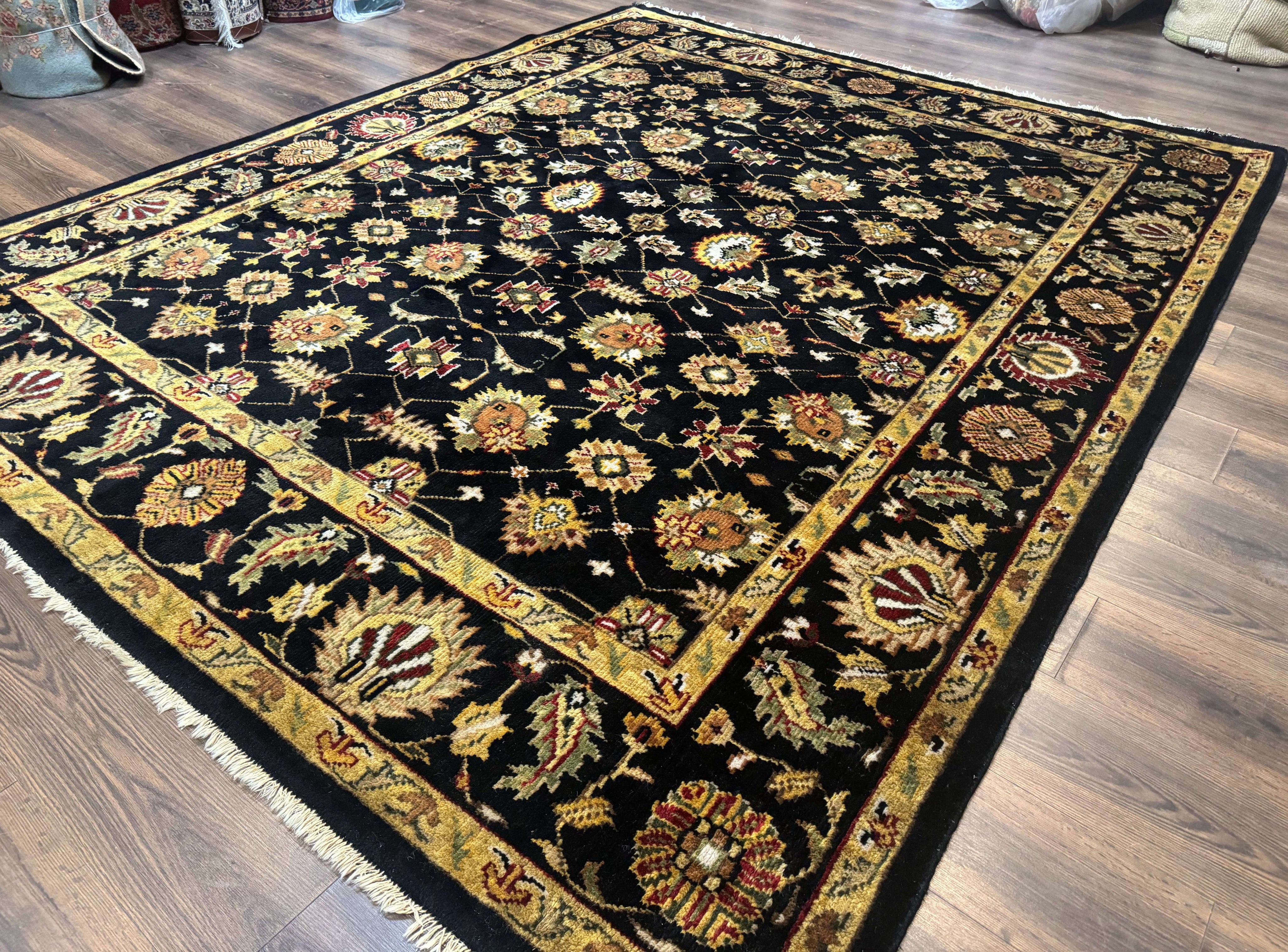 Indo Persian Mahal Rug 8x10, Black and Gold, Wool Hand Knotted Oriental Carpet
