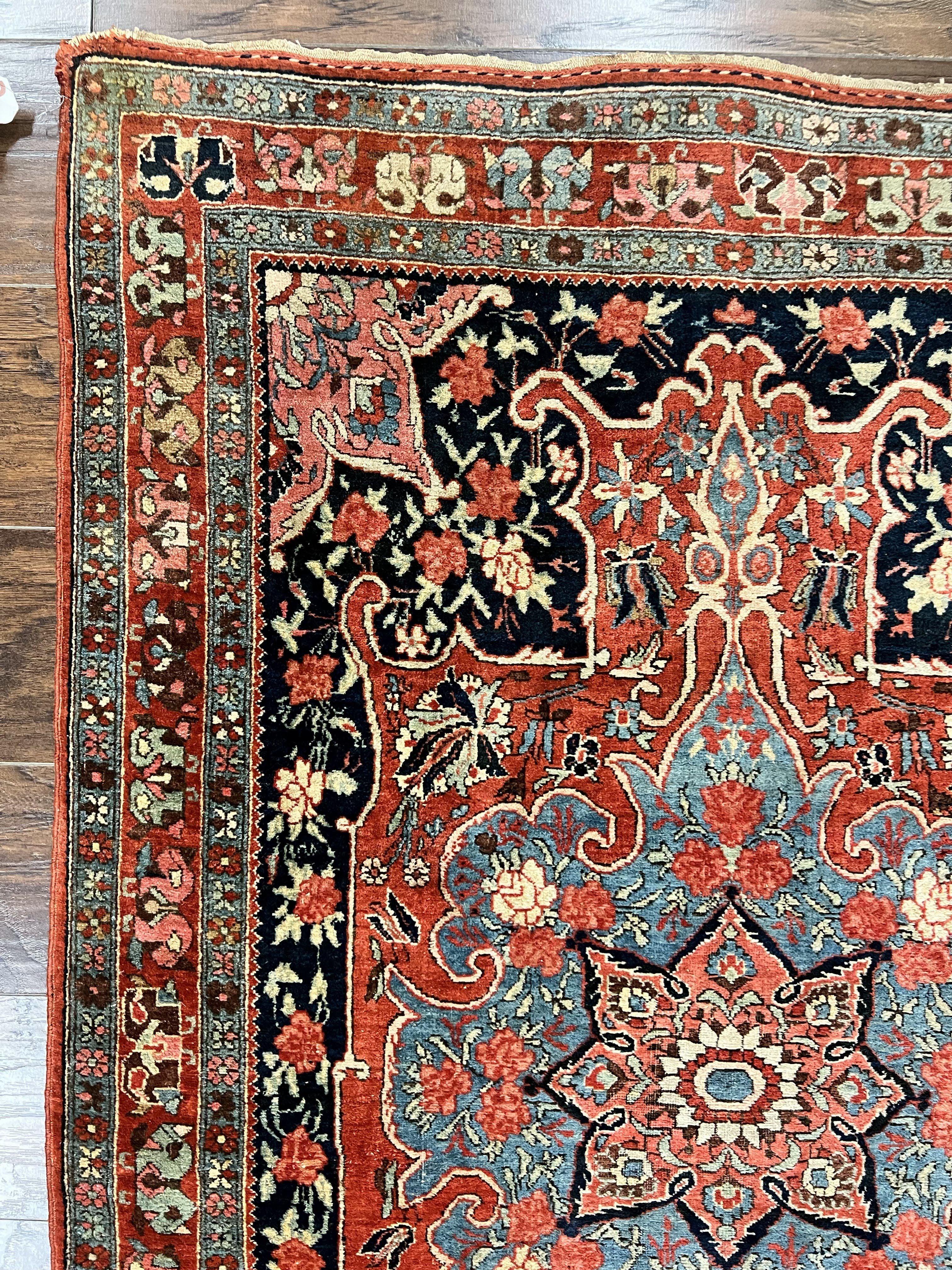 Antique Persian Bidjar Rug 4x5, Red and Blue, Hand Knotted Wool Carpet