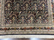 Silk Indian Kashmiri Rug 5x7, Navy Blue Indo Persian Silk Carpet 5 x 7 ft, Hand Knotted Handmade Very Fine Oriental Carpet, 450 KPSI, Birds