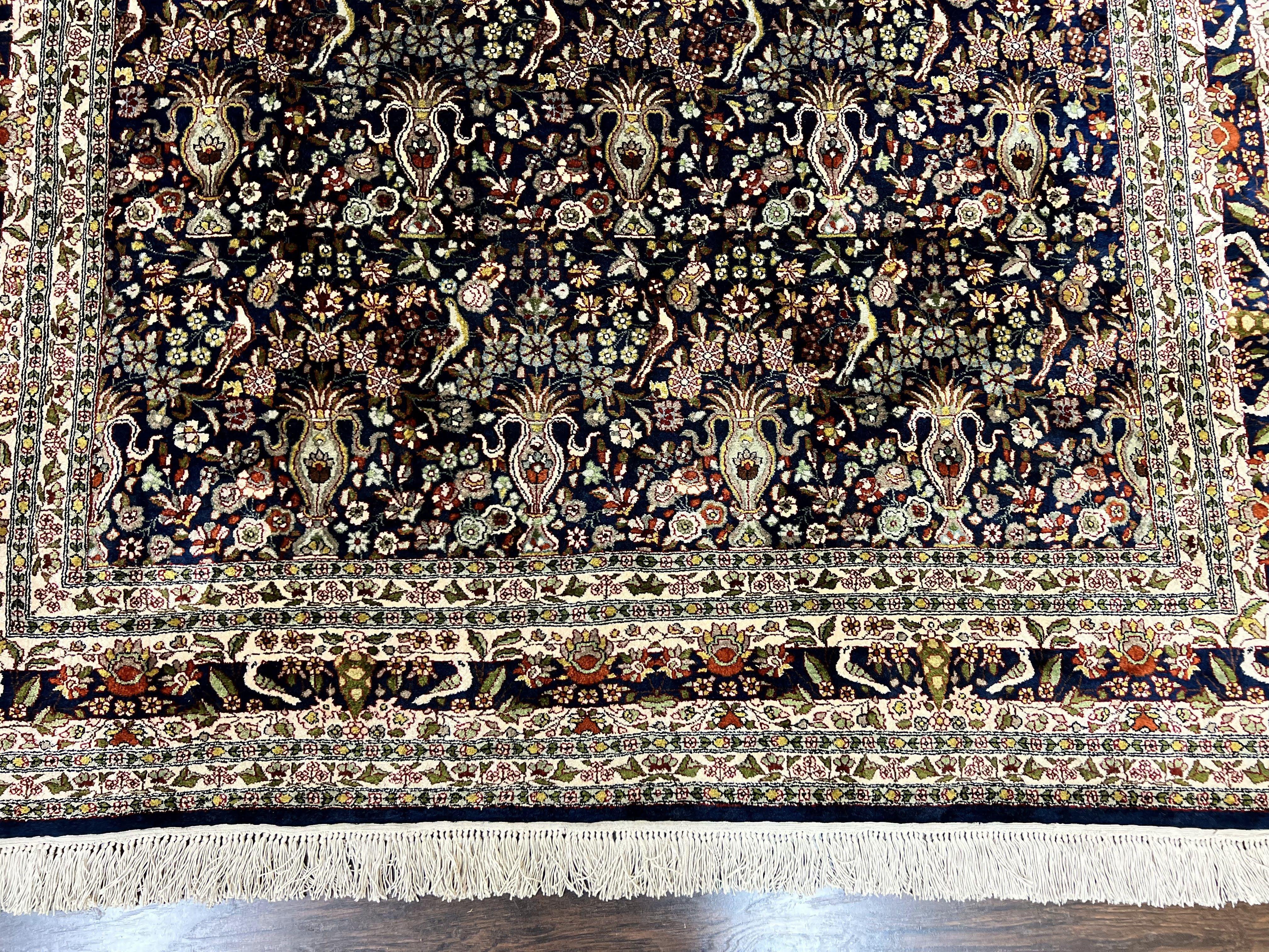 Silk Indian Kashmiri Rug 5x7, Navy Blue Indo Persian Silk Carpet 5 x 7 ft, Hand Knotted Handmade Very Fine Oriental Carpet, 450 KPSI, Birds