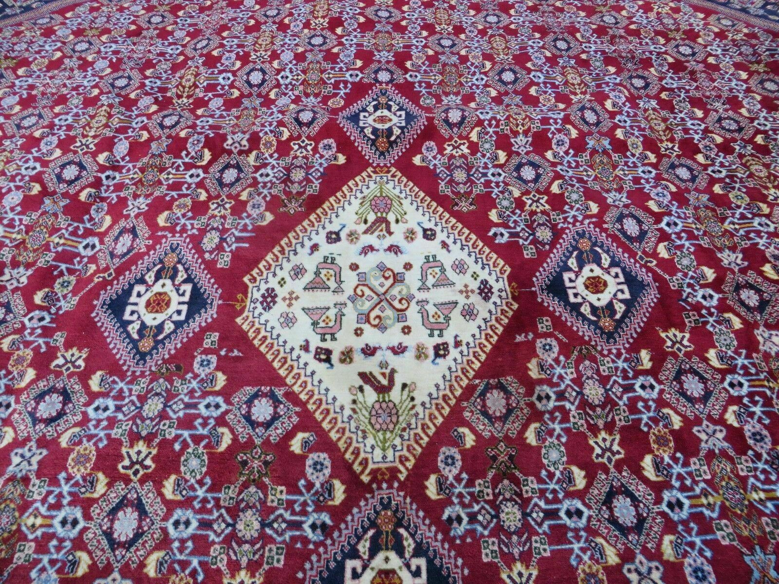 Oversized Persian Shiraz Tribal Rug 13x19, Palace Sized Oriental Carpet, Handmade Hand-Knotted X Large Rug, Red Blue Cream, Allover Herati Pattern