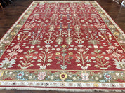Indian Rug 10x14, Wool Hand Knotted Flatweave Carpet, Tree of Life, Red and Green