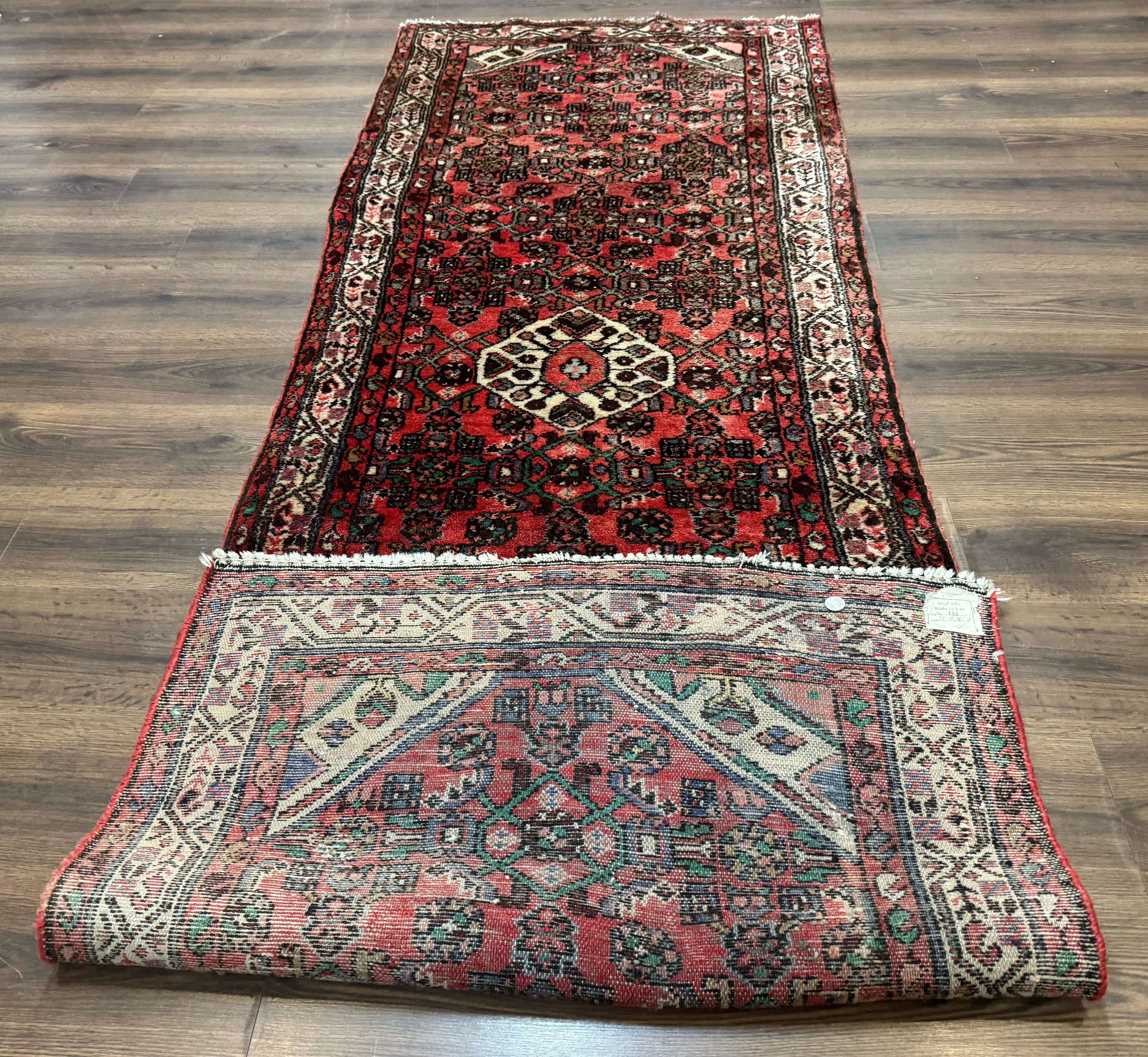 Persian Runner Rug 3x10, Wool Hand Knotted Hallway Rug 3 x 10 ft, Red and Ivory, Hamadan Angelas Runner