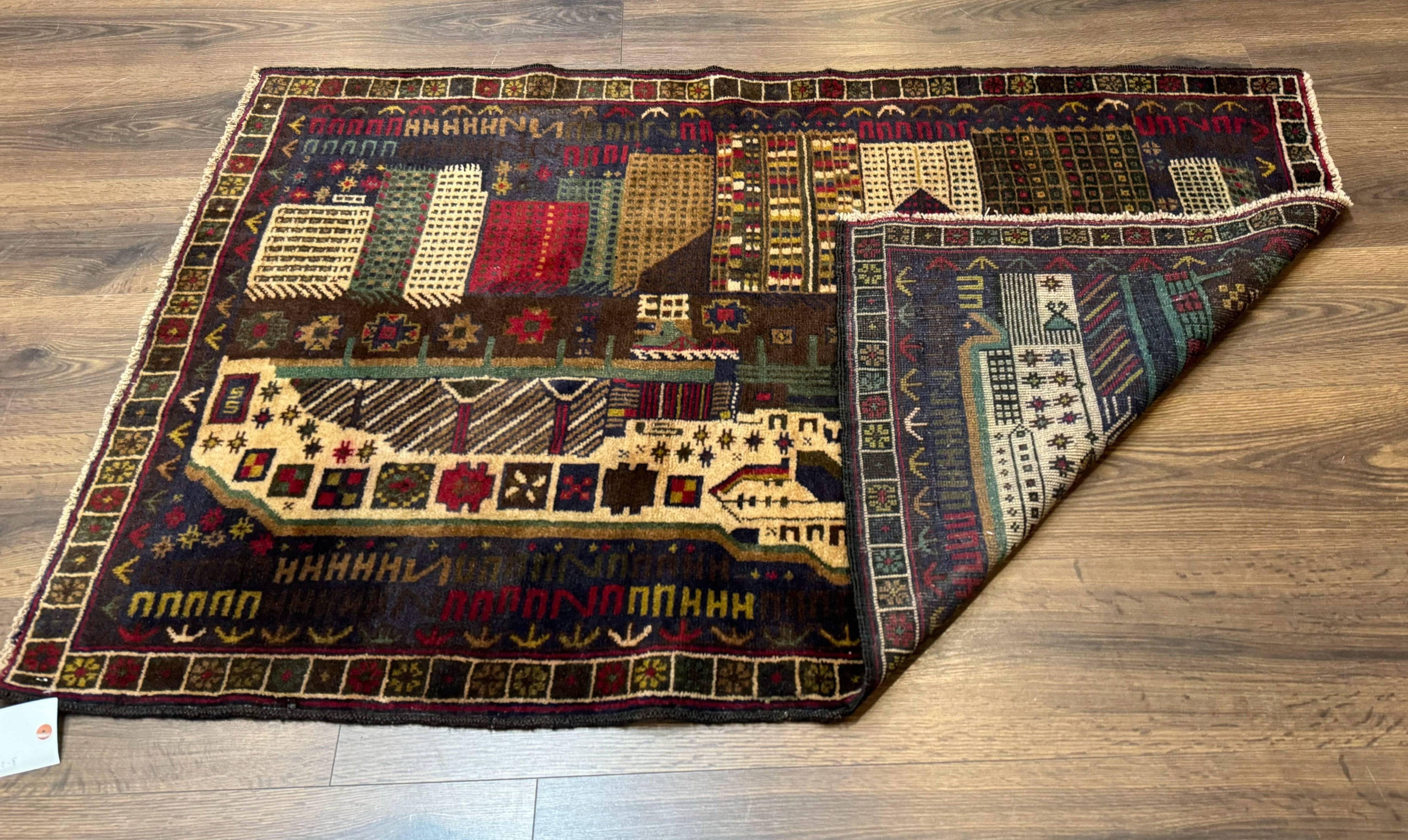 Balouch Rug 3x5, Afghan Carpet, City Pictorial