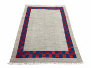 5' 7" x 7' 9" Geometric Kilim Carpet, Gray, Handmade, Hand-Knotted Area Rug, Blue & Red, Flatweave, Wool, New, Checkerboard Pattern