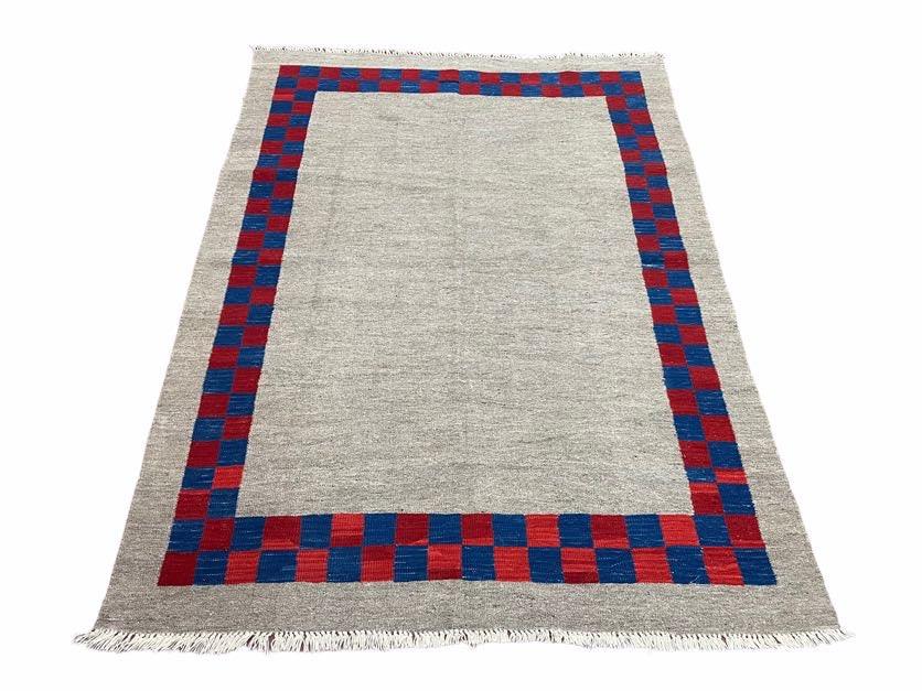 5' 7" x 7' 9" Geometric Kilim Carpet, Gray, Handmade, Hand-Knotted Area Rug, Blue & Red, Flatweave, Wool, New, Checkerboard Pattern