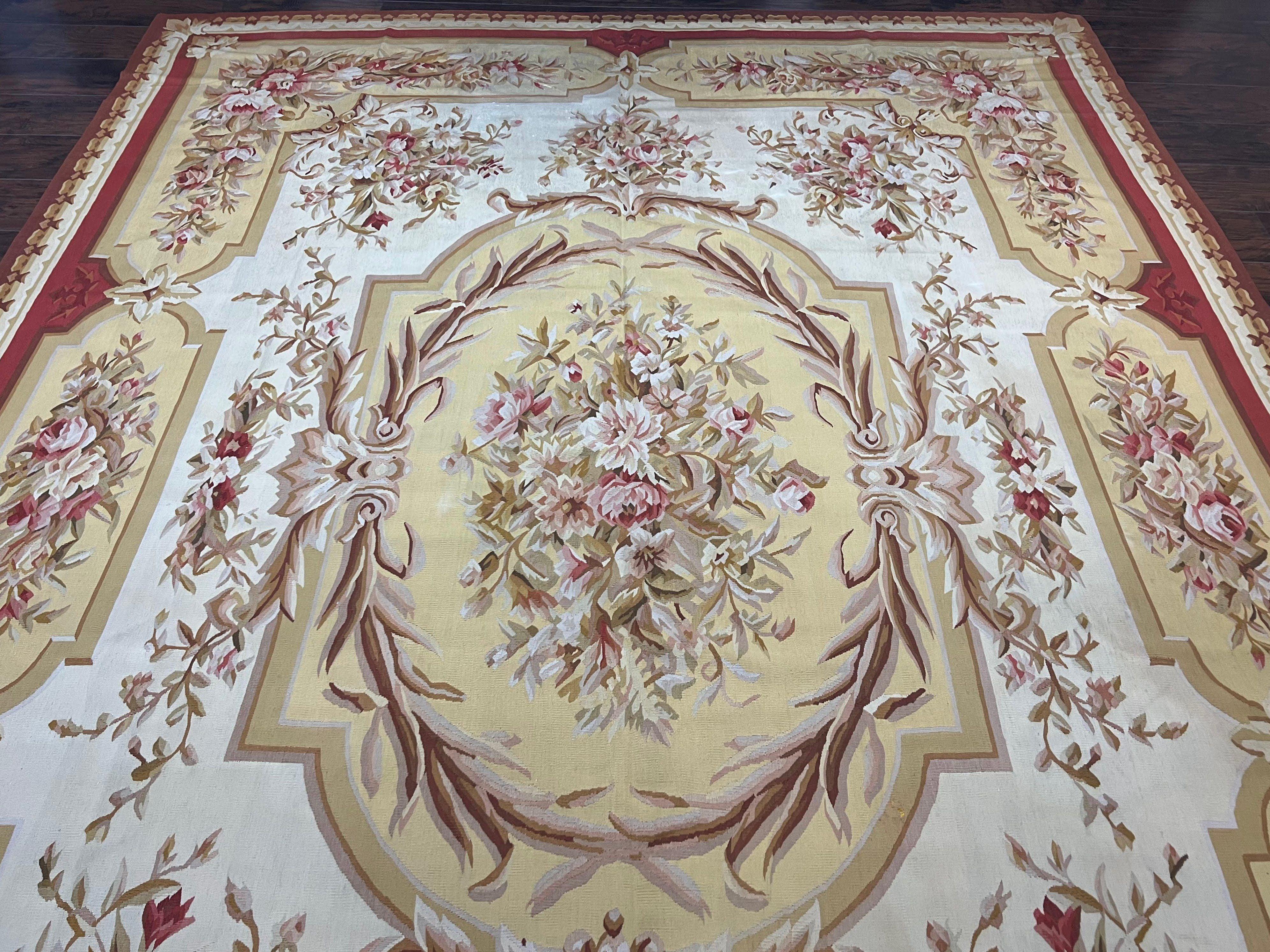 Aubusson Rug 9x12, Elegant Flatweave Savonnerie Carpet 9 x 12 ft, Ivory Light Yellow Red, Handmade Wool Flatweave French European Rug
